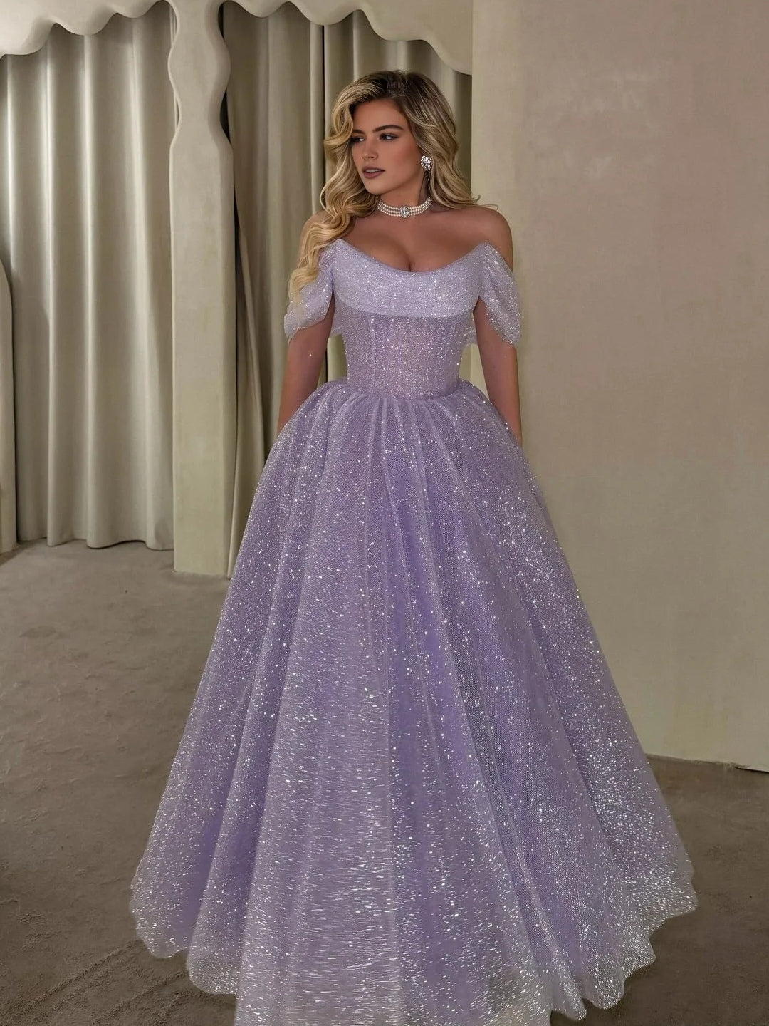 Light purple off-shoulder corset maxi prom gown with glitter tulle skirt and ruffles