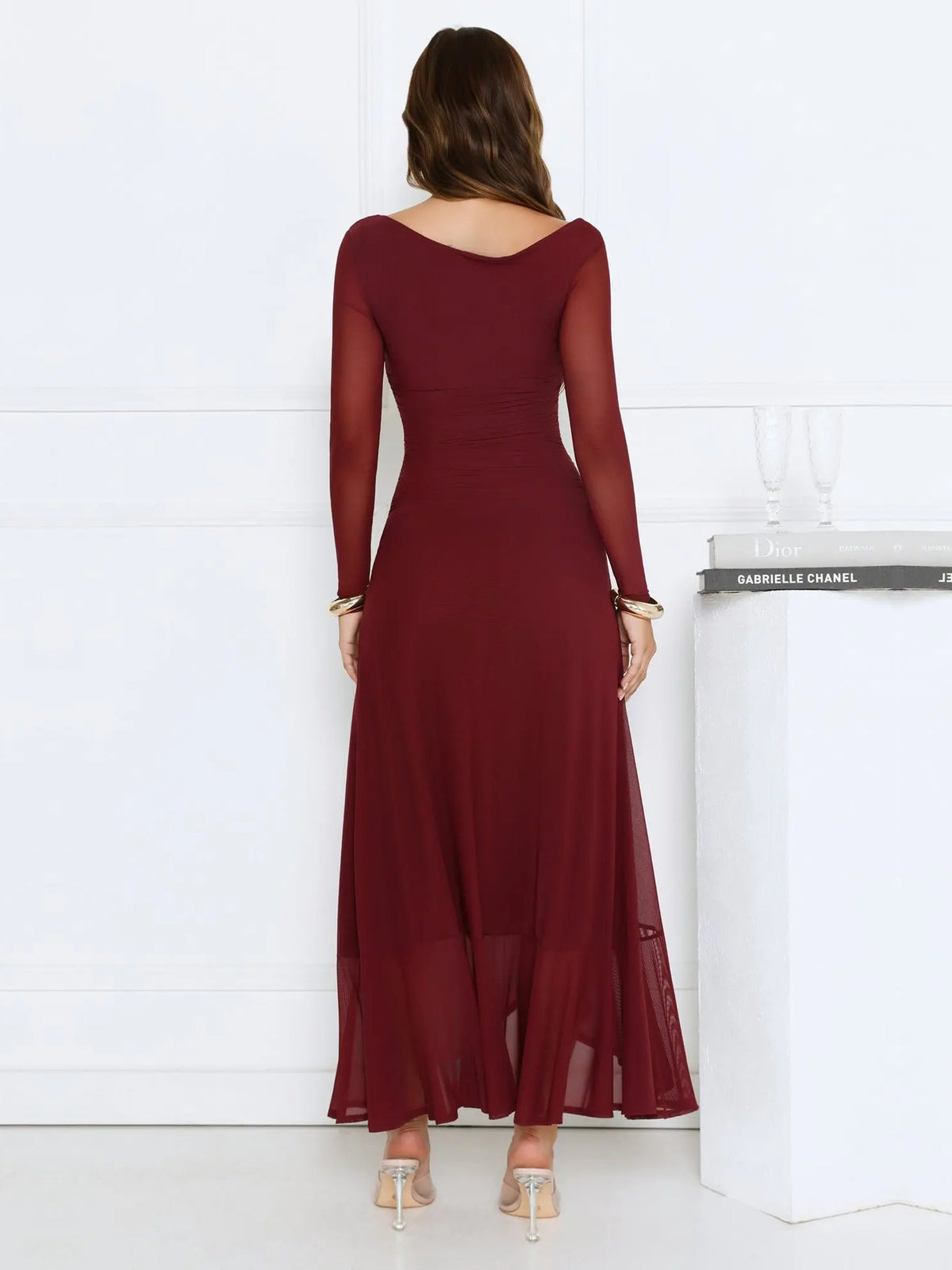 Wine a-line maxi formal dress with a-line, full-length back view