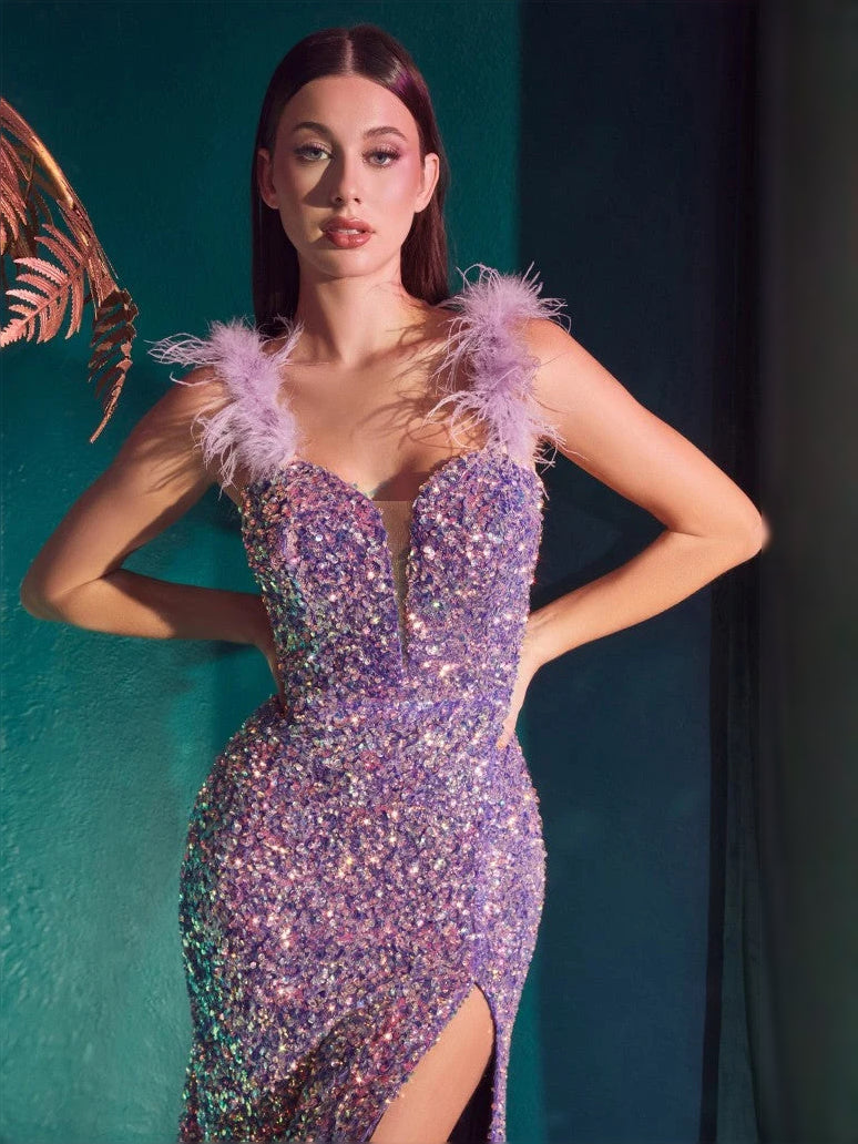 Purple sequin mermaid prom dress with V-neck, feather-trim shoulders, front slit