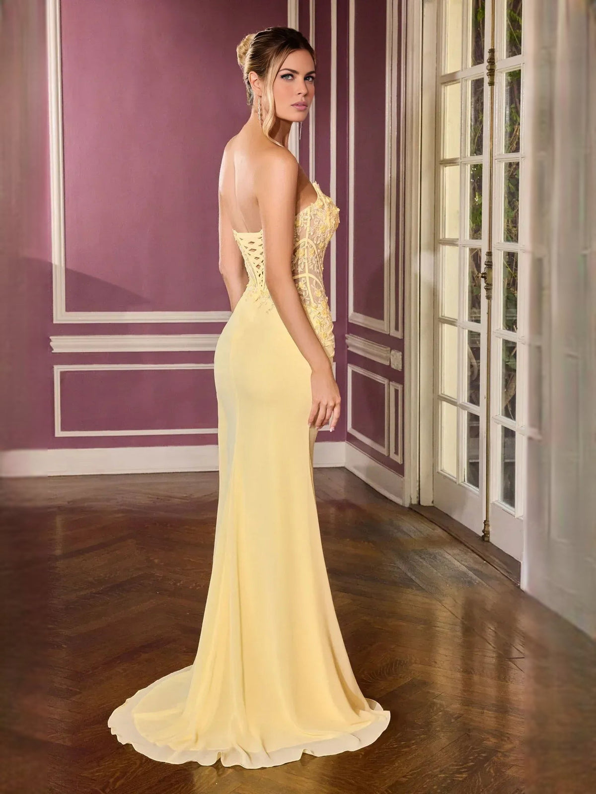 Pale lemon strapless chiffon mermaid dress with embellished bodice and high slit