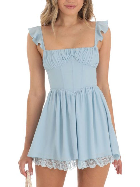 Light blue backless mini dress with ruffled square neckline, cap sleeves, lace-trim hem