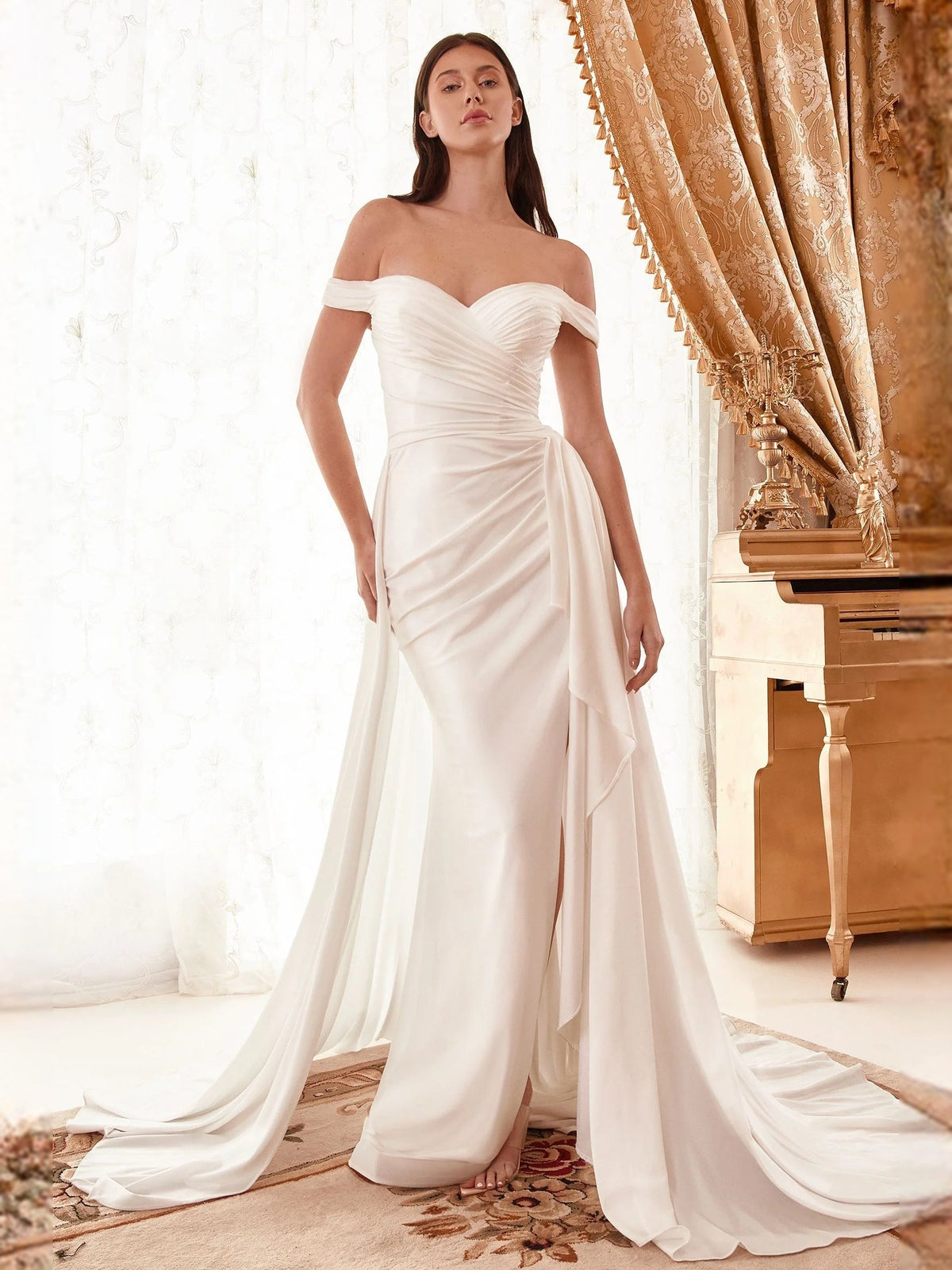 Ivory off-shoulder ruched mermaid wedding dress, draped skirt with front slit