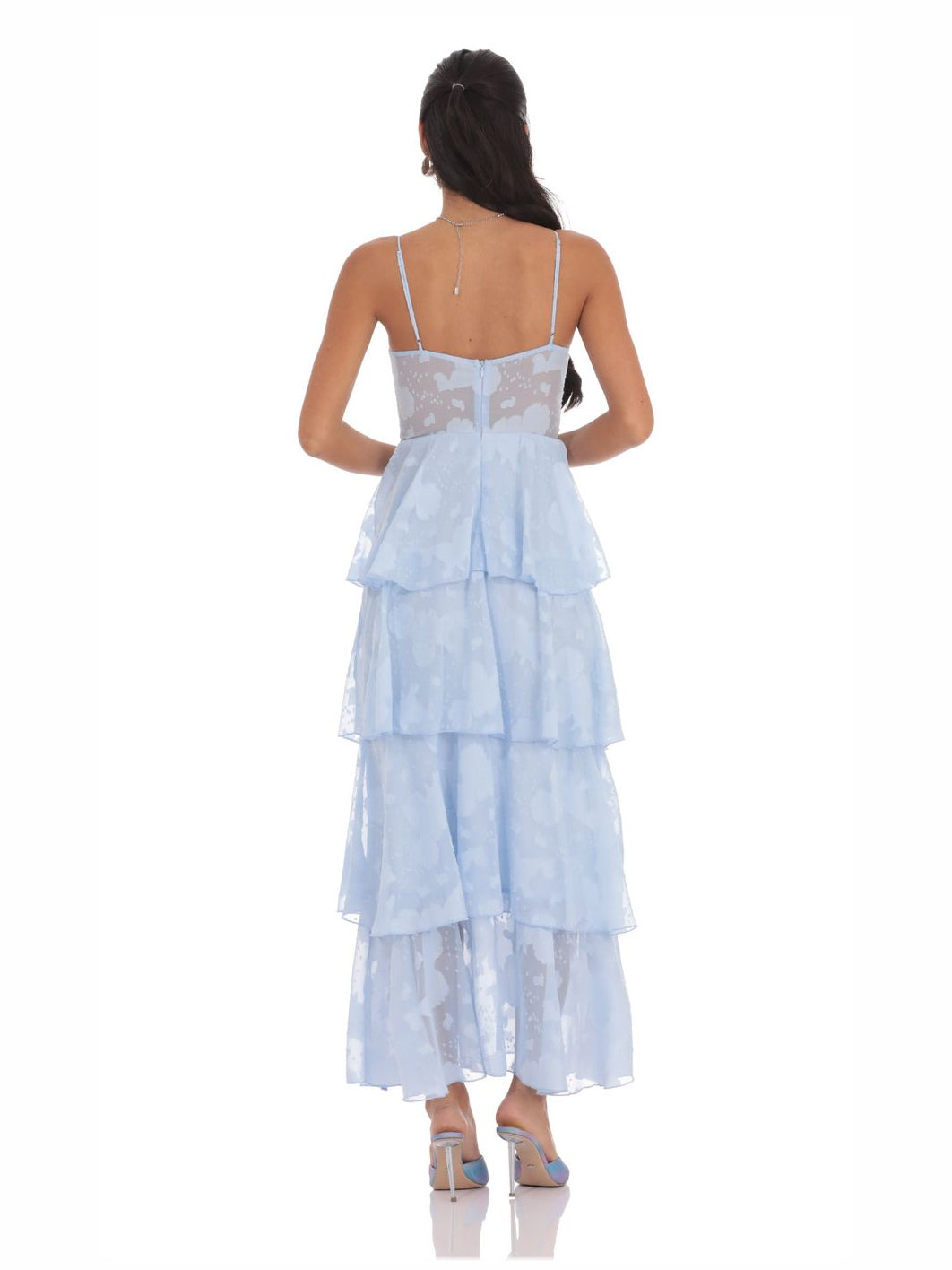 Sky Blue a-line maxi formal dress with floral print, full-length back view