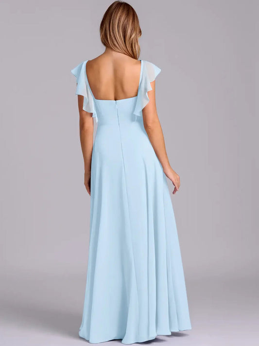 Light blue pleated chiffon A-line maxi dress, V-neck back, flutter sleeves