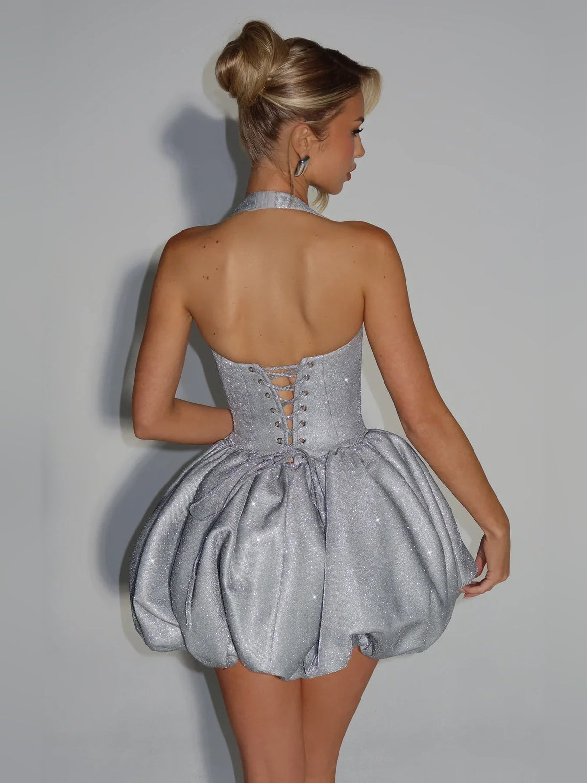 Silver glitter corset halter mini dress, lace-up back and gathered puff skirt