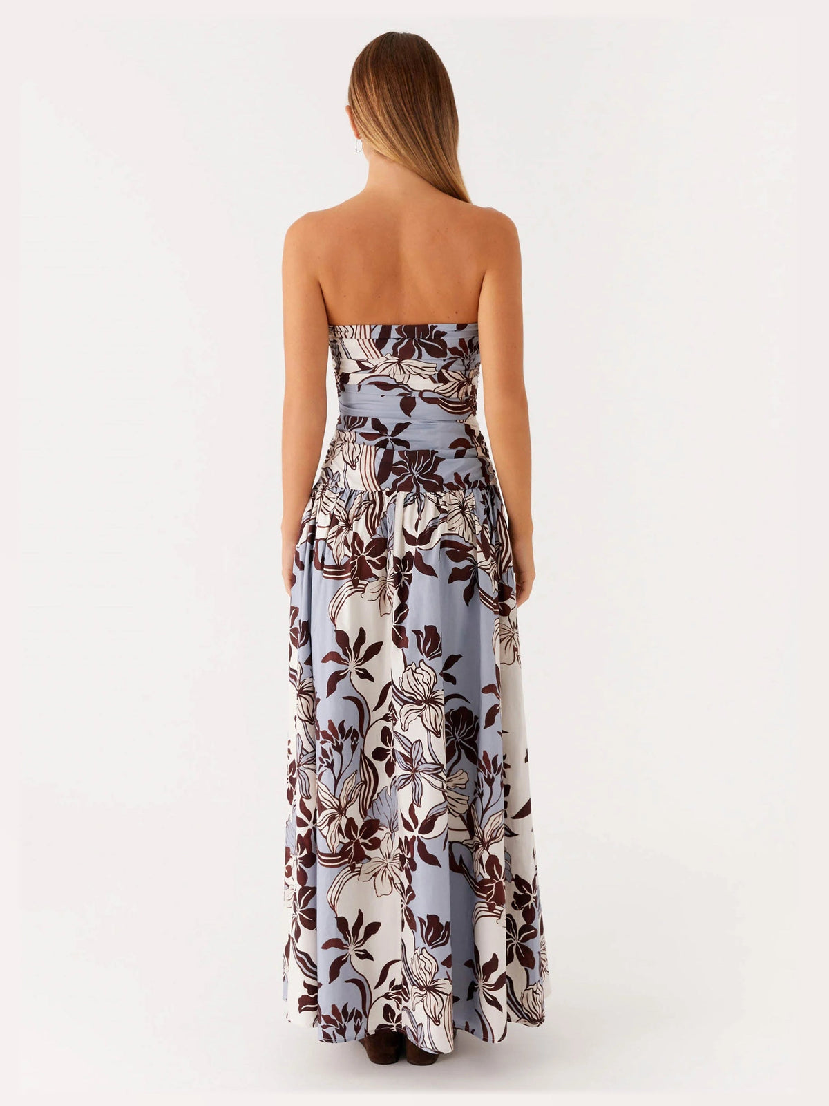Light Blue Brown Floral Print maxi formal dress, back full-length view showing the bodice