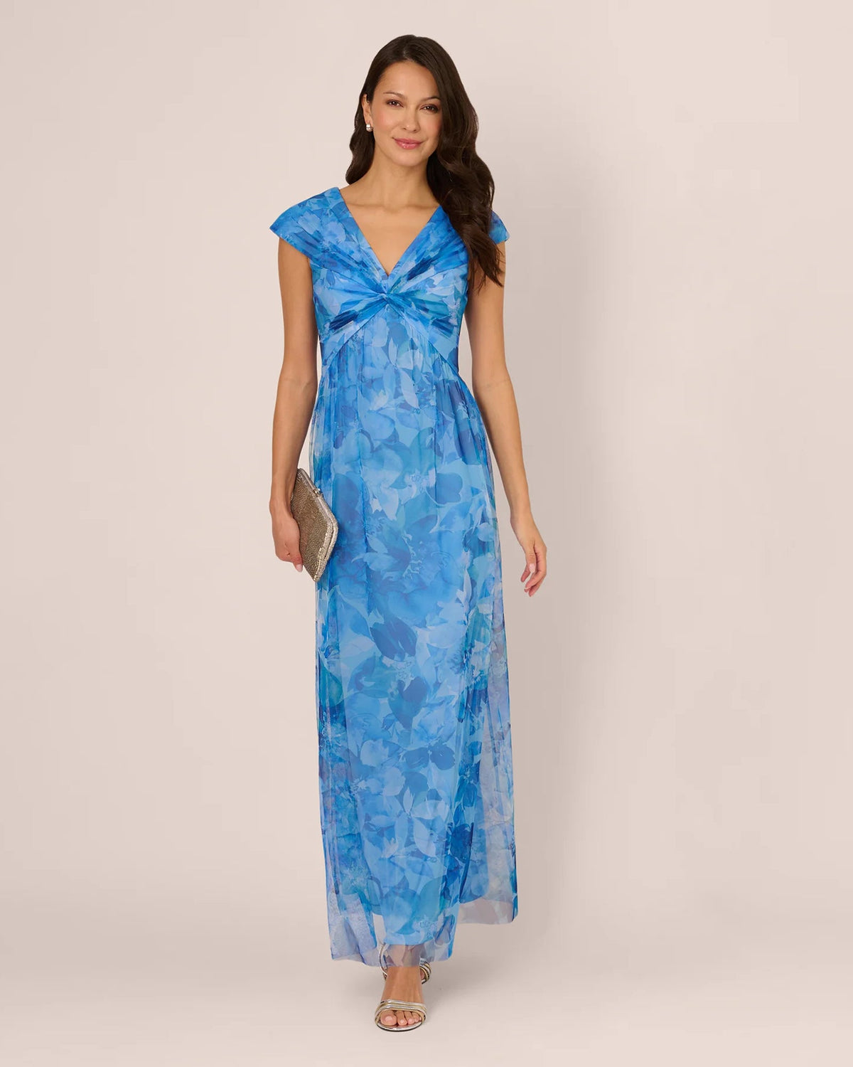 Blue floral cap-sleeve A-line maxi mother of the bride dress, V-neck, twist front