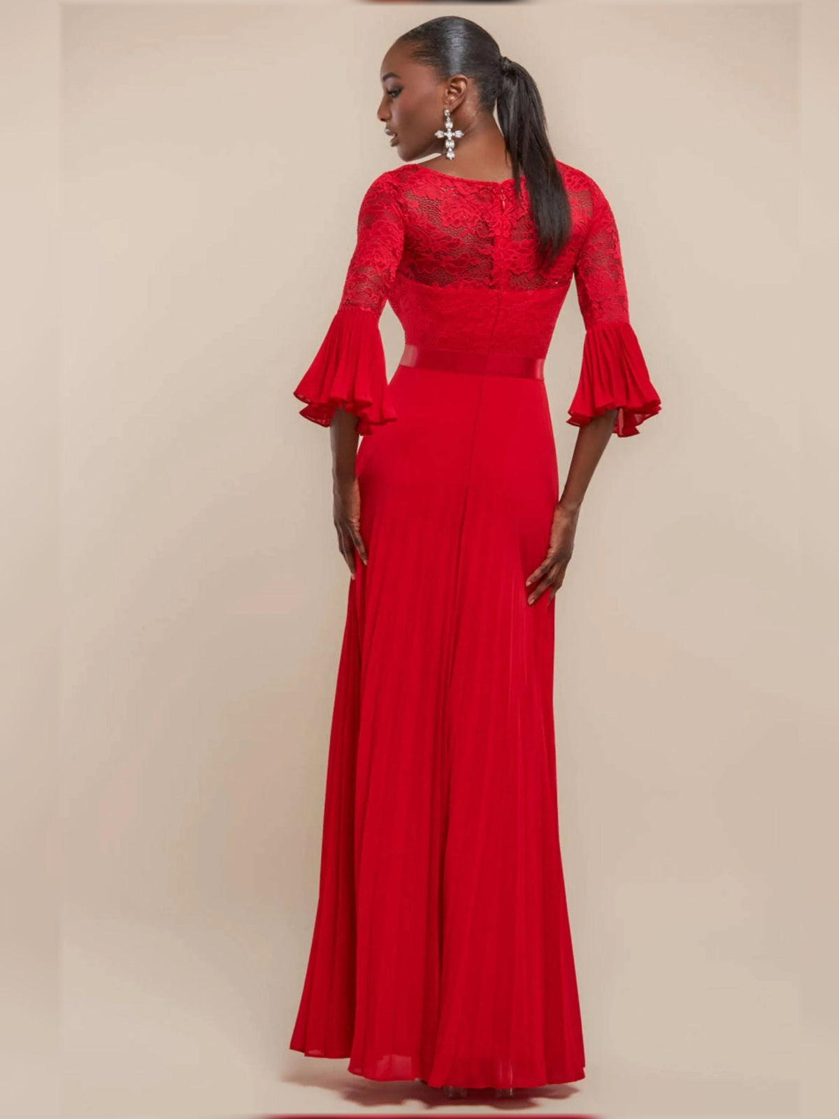 Red V-neck maxi A-line dress with lace top, flared cuffs, and flowing satin skirt