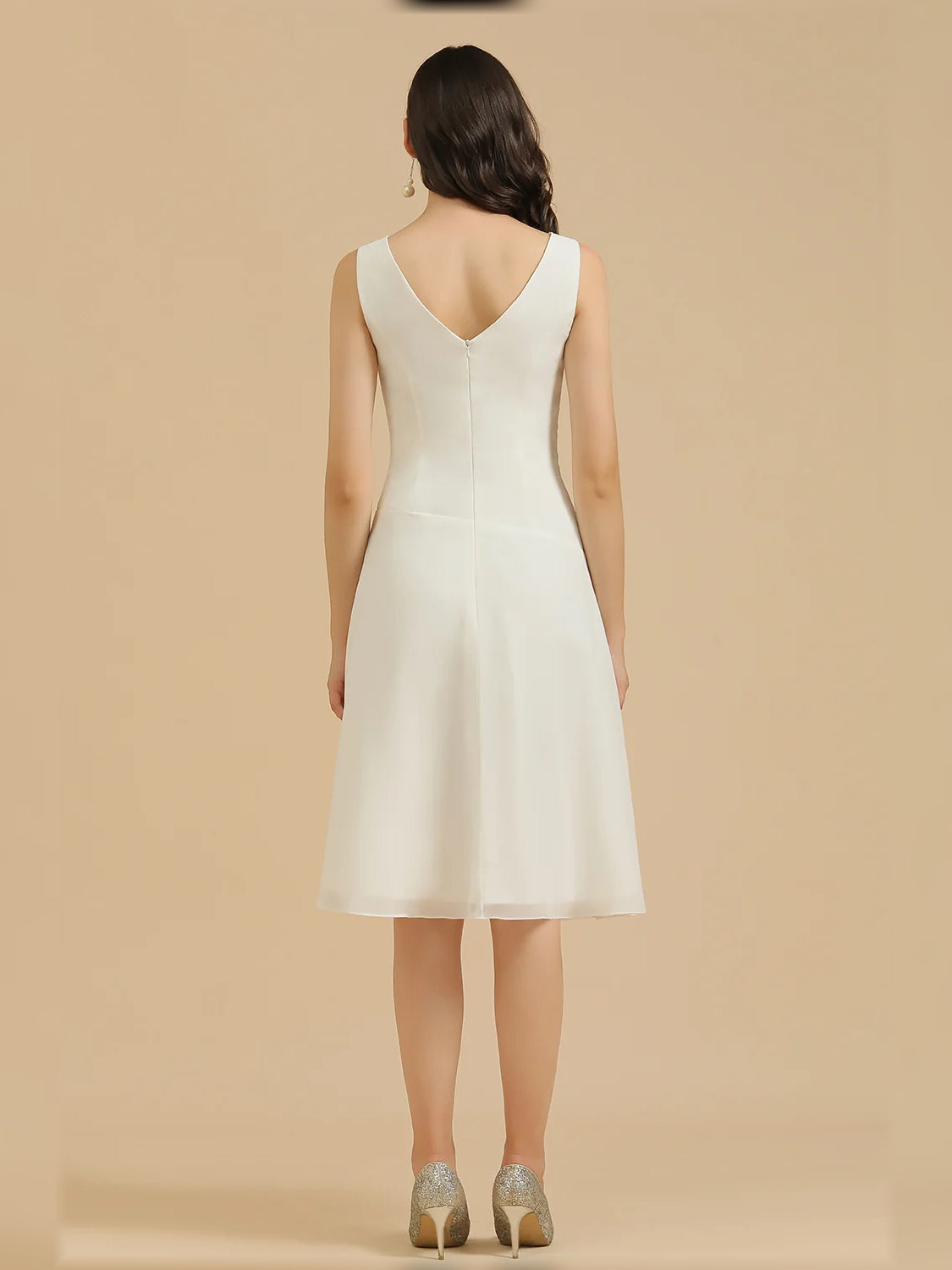 White V-neck A-line mini chiffon dress, sleeveless back view