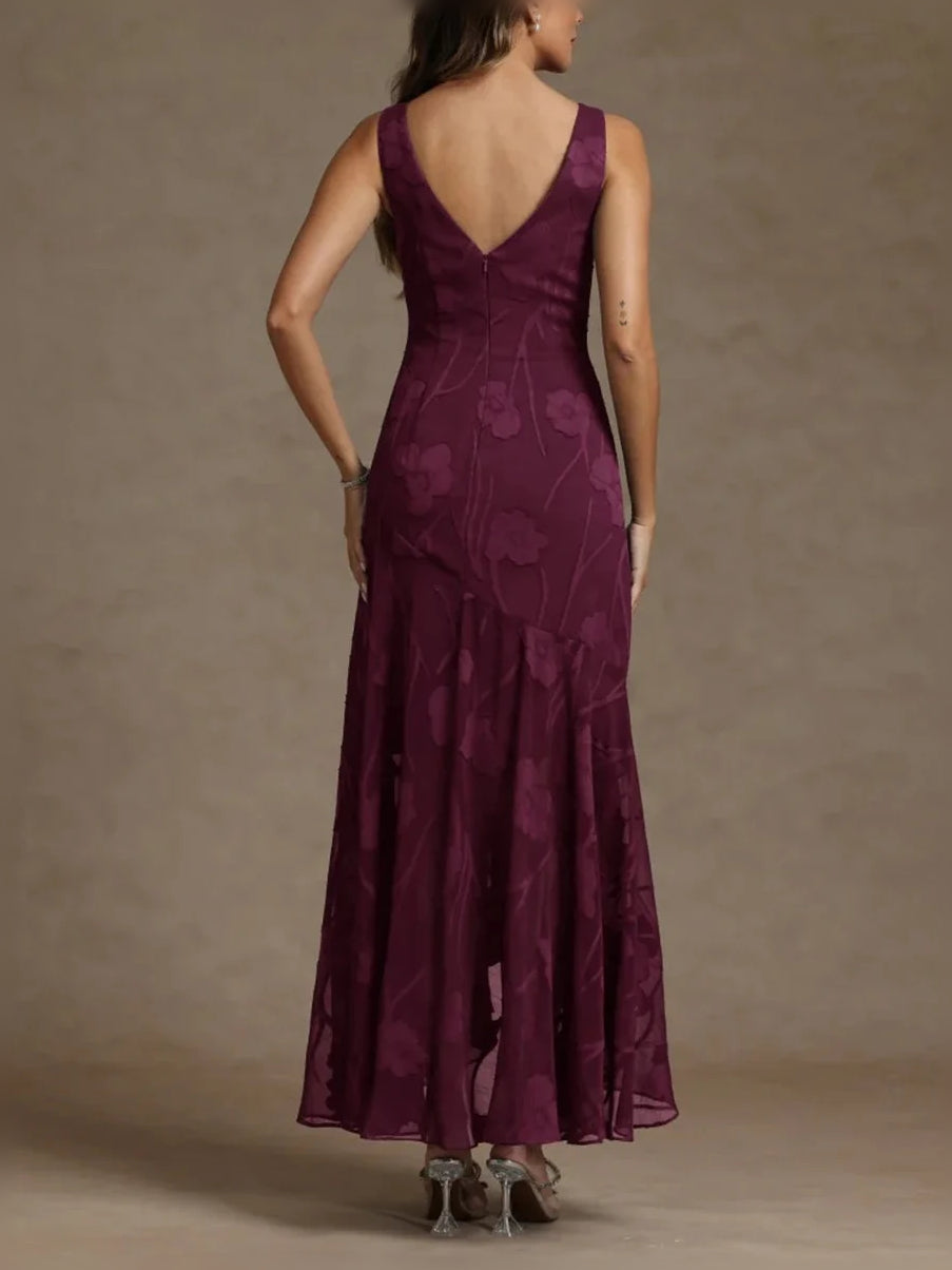 Dark red V-neck sleeveless chiffon A-line high-low mother dress with layered skirt