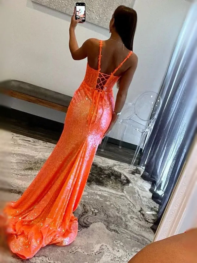 Orange sequin mermaid prom dress, open-back with crisscross straps