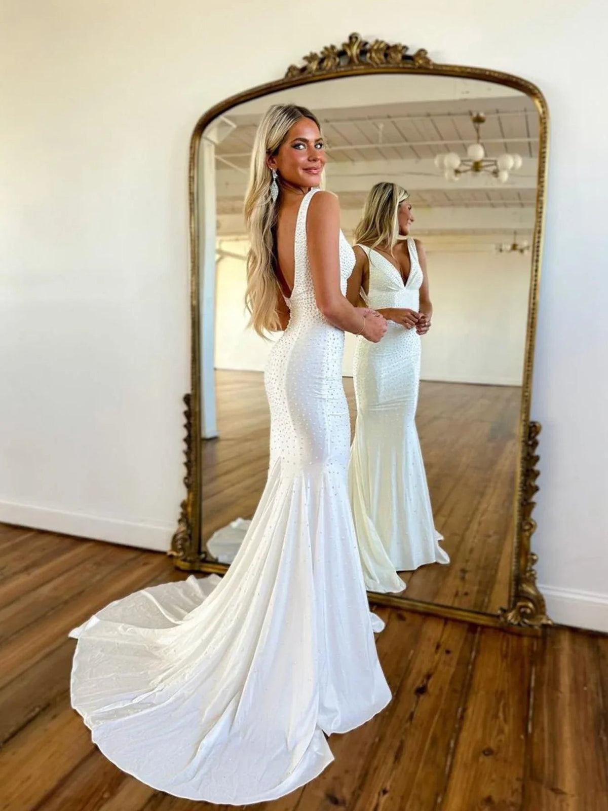 White V-neck beaded mermaid maxi formal dress, sleeveless with draped flare