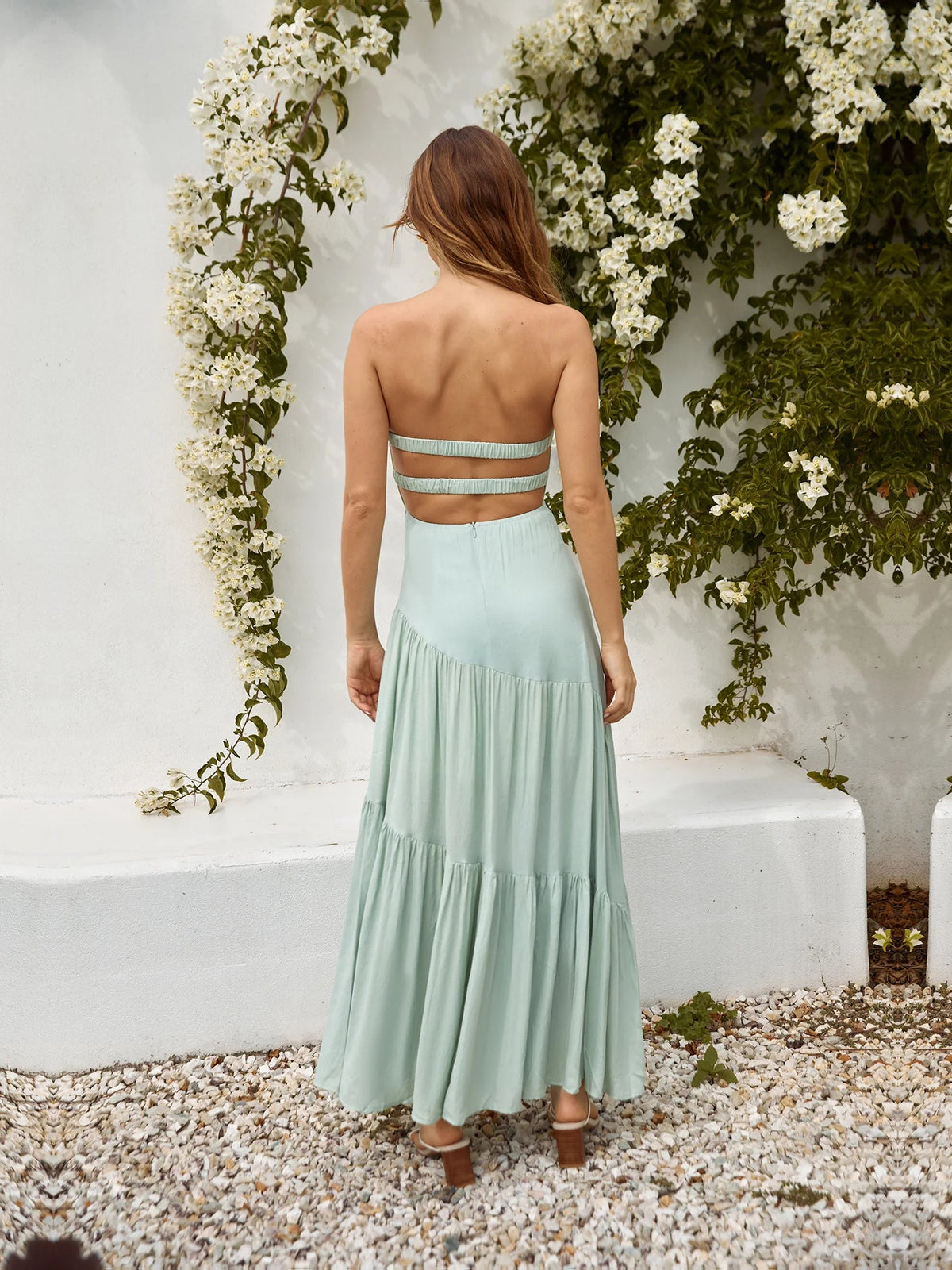 Sage a-line maxi formal dress with tiered skirt, full-length back view