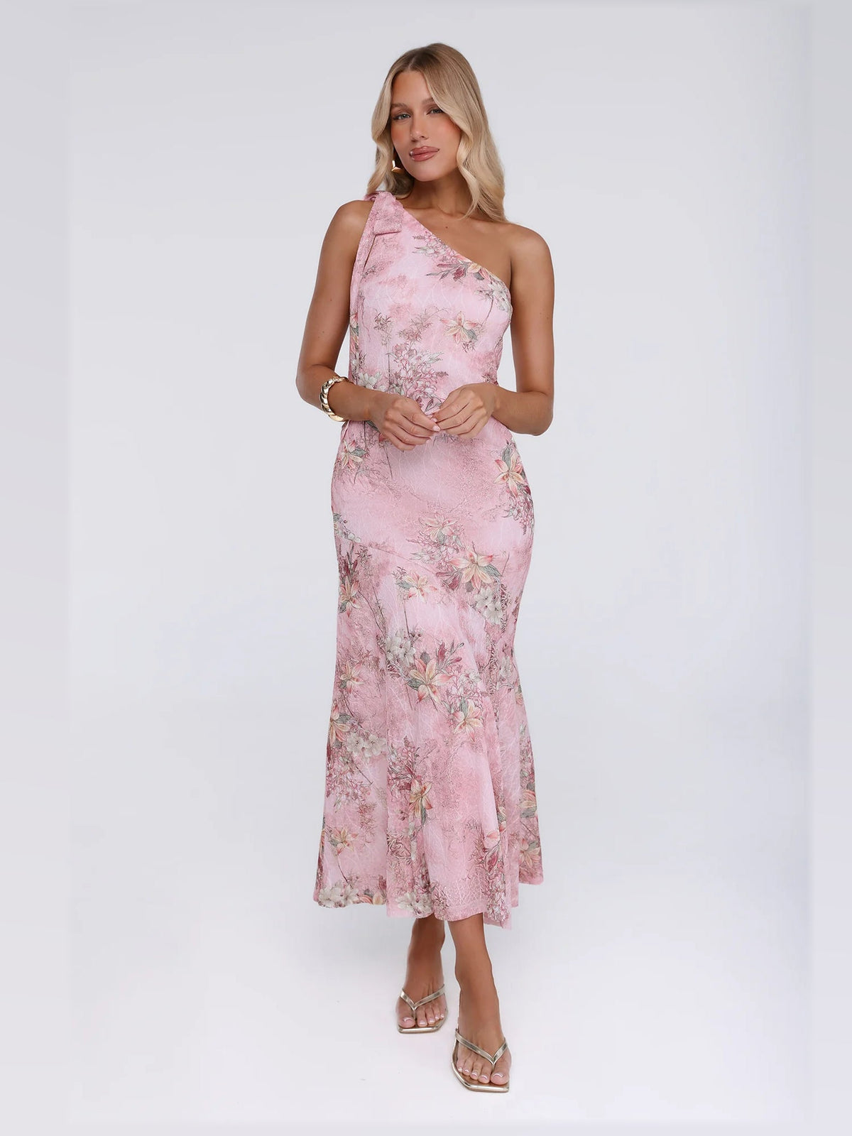 Pink maxi formal dress, alternate full-length view showing the bodice