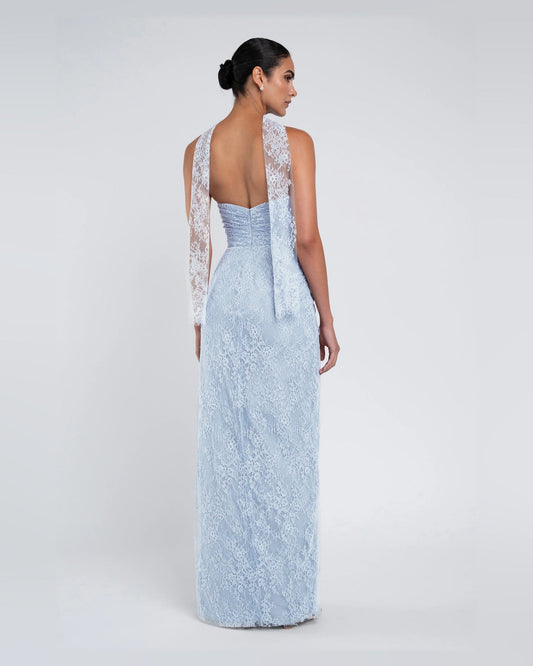 Light blue A-line strapless maxi formal dress, seen from the side with lace back panel