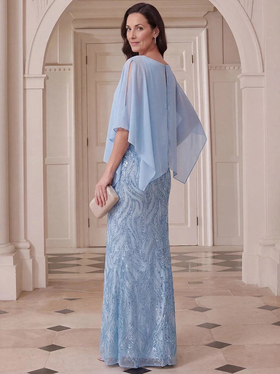 Steel blue mermaid maxi dress with side drape flutter sleeves and beaded texture bodice
