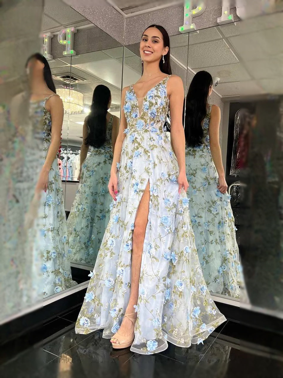 Sky blue floral A-line maxi prom dress with V-neck, open back, thigh slit
