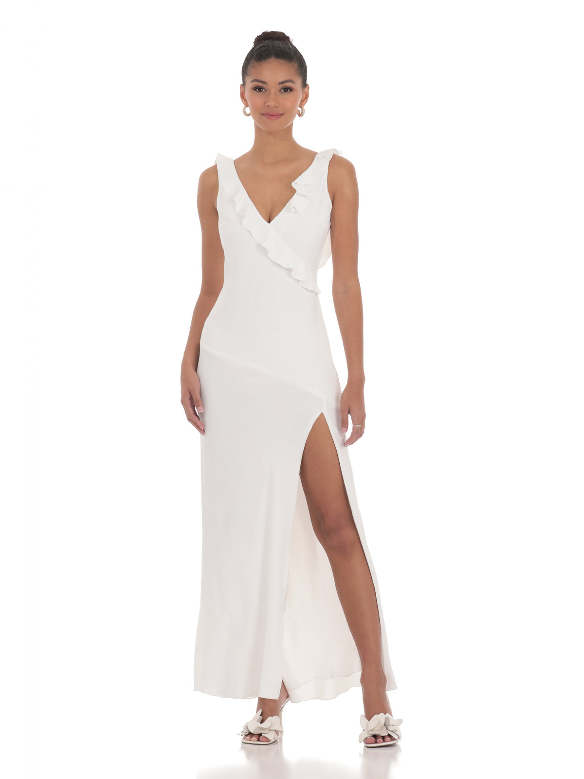 White bridesmaid dress with v neck neckline