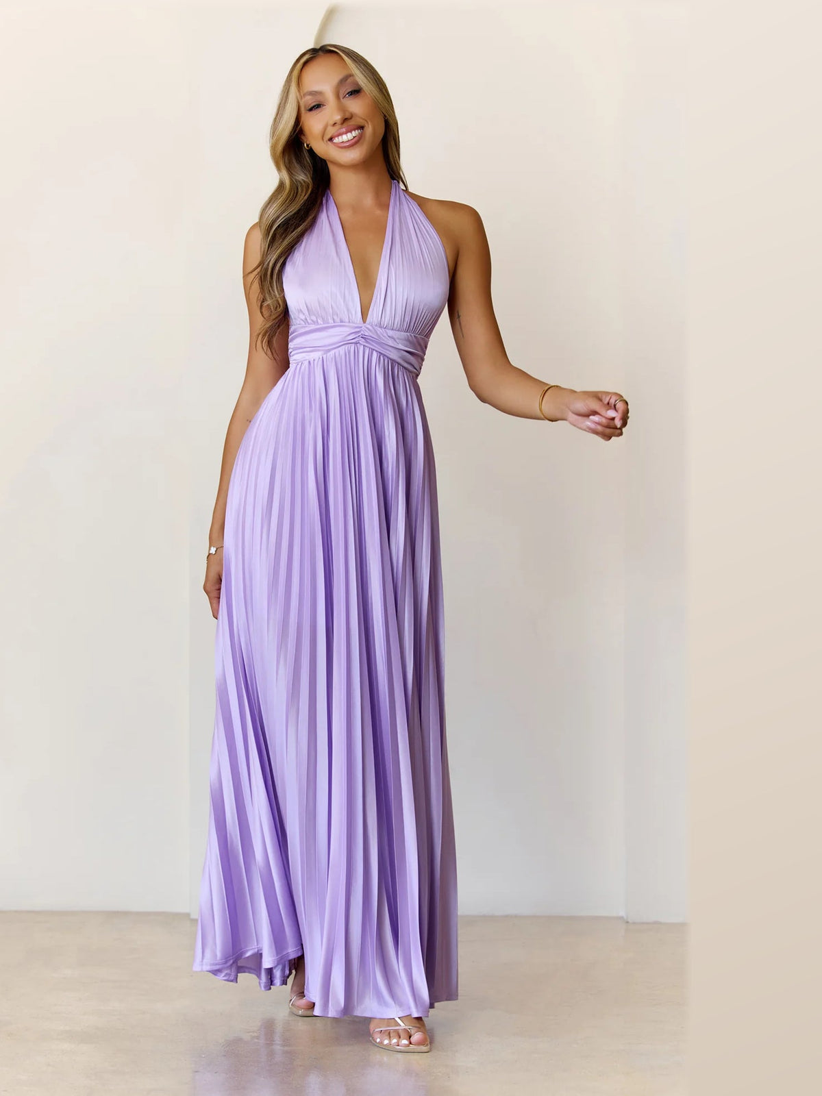 Lilac formal dress with halter neck neckline
