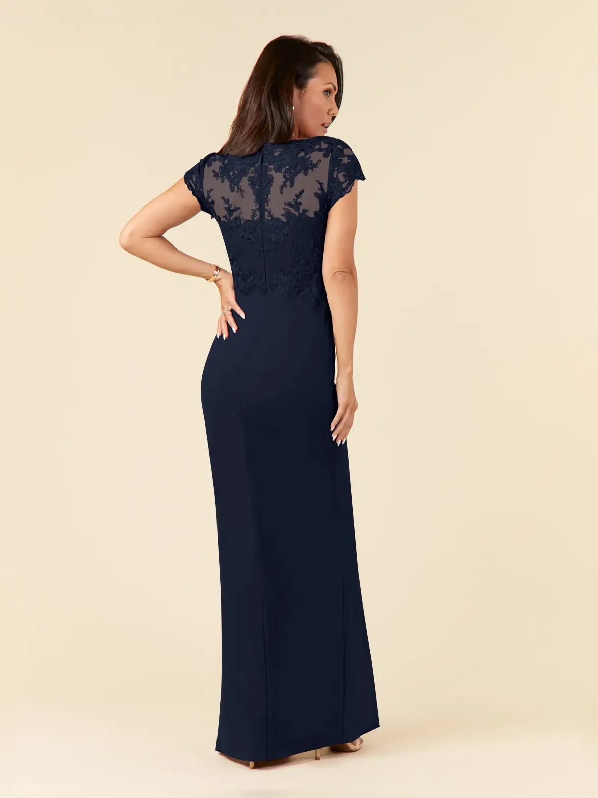 Dark navy V-neck mermaid dress with lace cap sleeves, side view showing long fitted skirt.