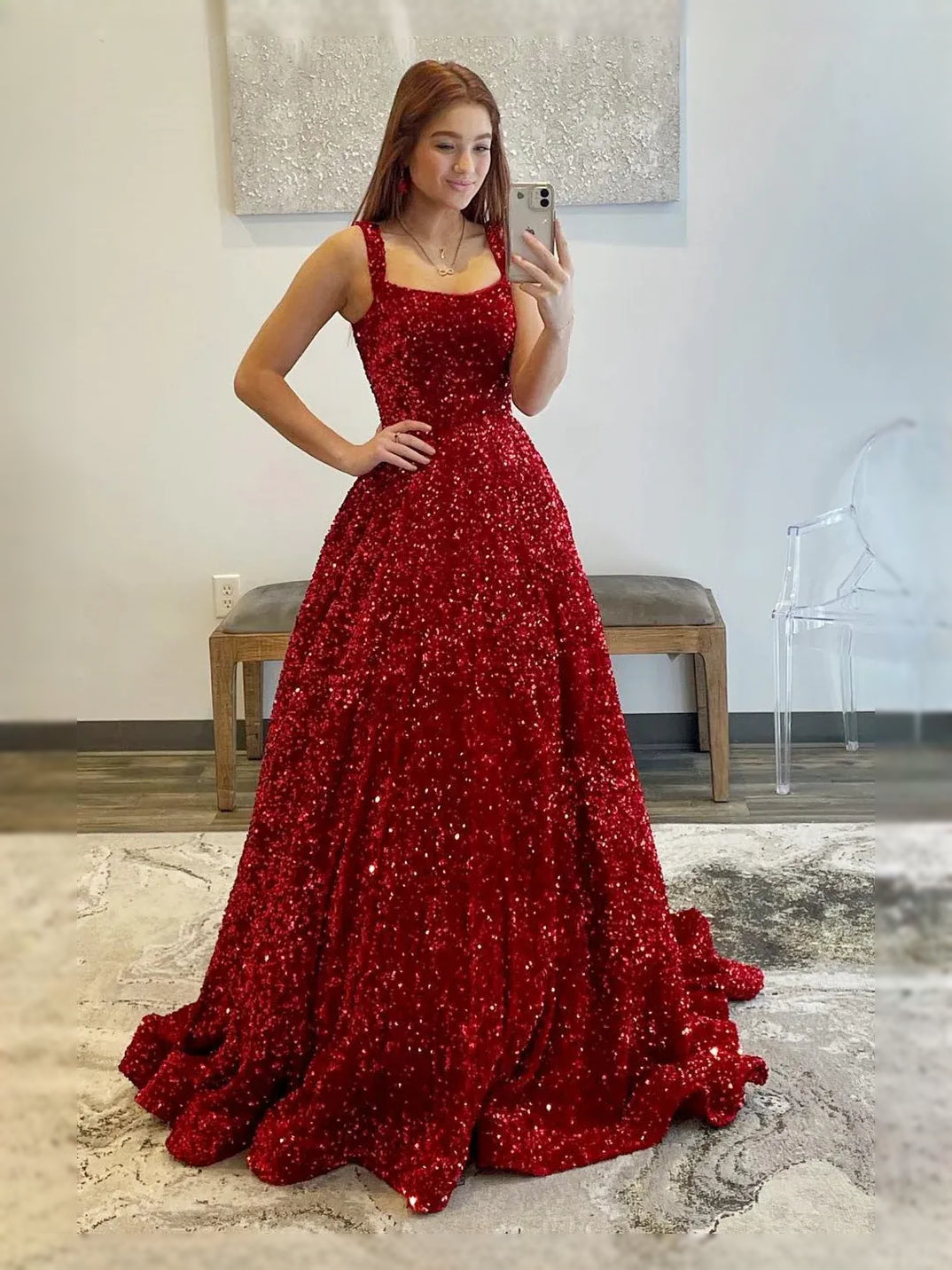 Red sequin A-line maxi prom dress, square neckline and sleeveless backless style