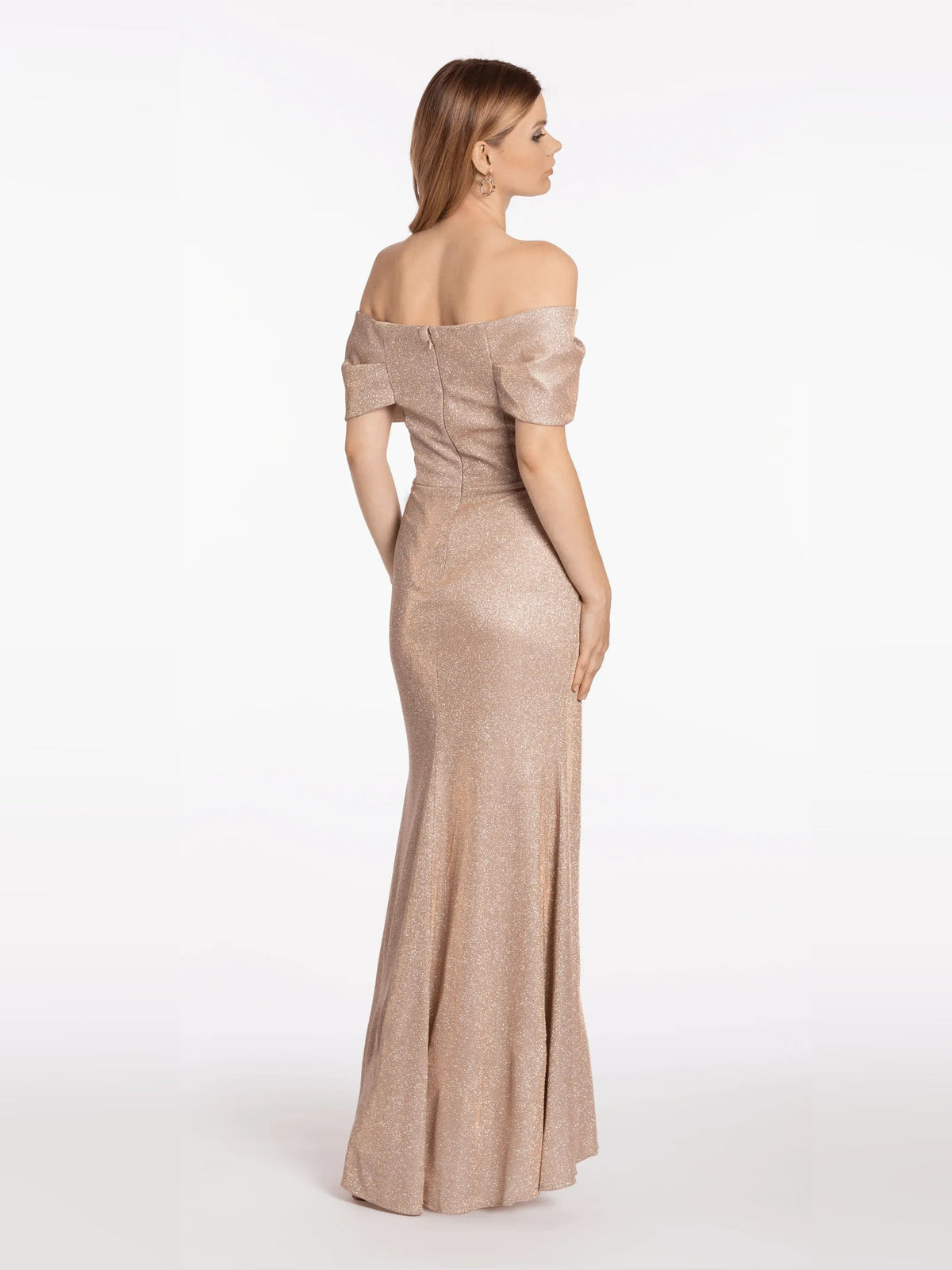 Champagne glitter off-shoulder draped mermaid gown, side view, floor length