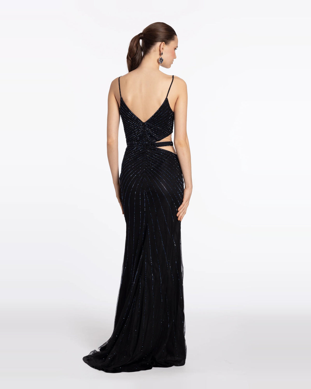 Sparkly black column maxi dress, V-back with thin straps and side slit