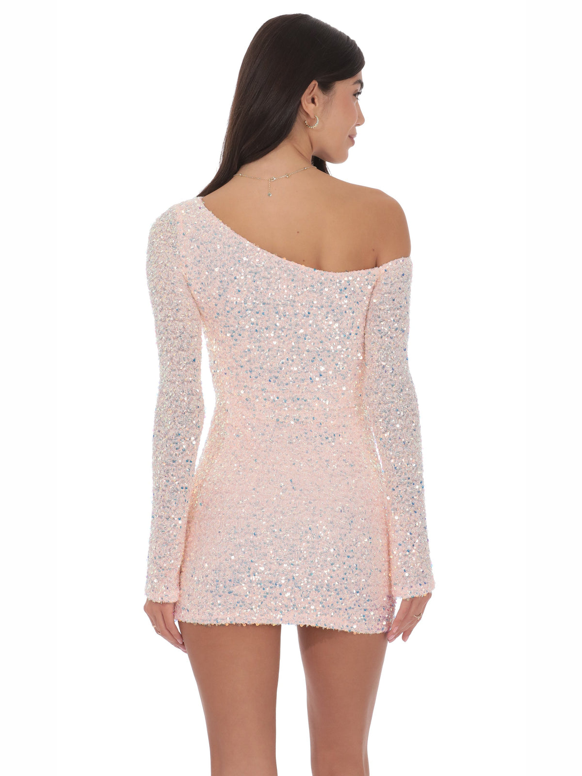 Light pink sequin one-shoulder mini dress with scooped back and long sleeves