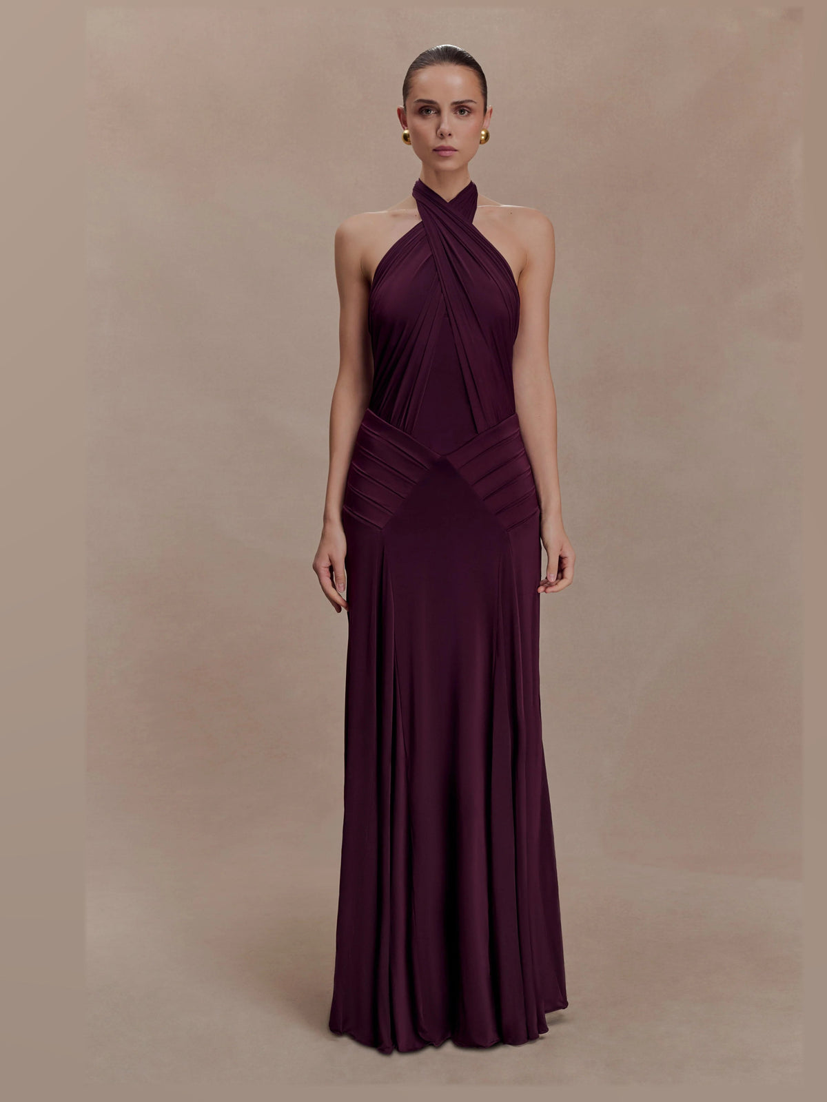 Mahogany formal dress with halter neck neckline
