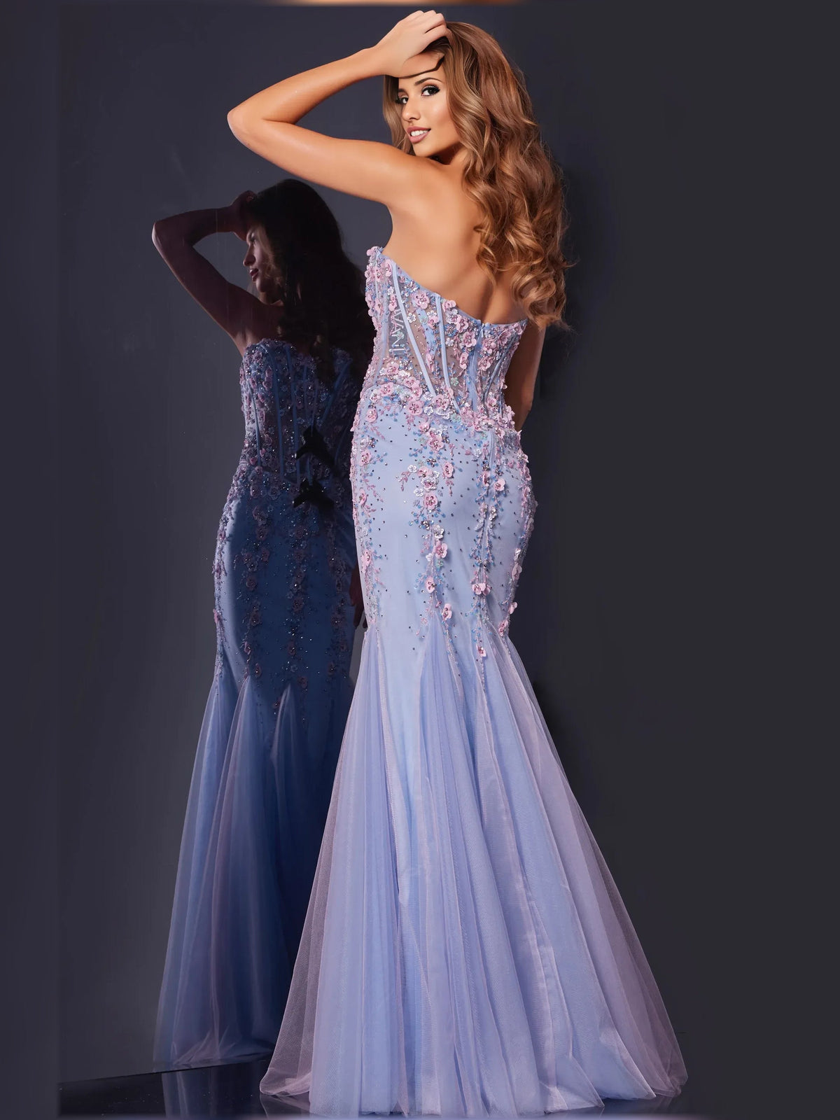 Lilac floral sweetheart corset dress with boned bodice and flared floor-length tulle skirt