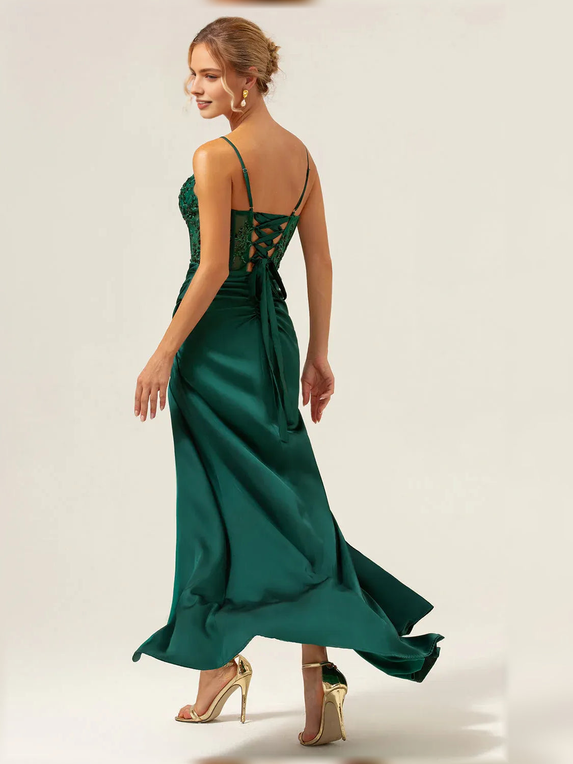 Dark green corset formal dress with crisscross back, lace bodice, draped long slit skirt