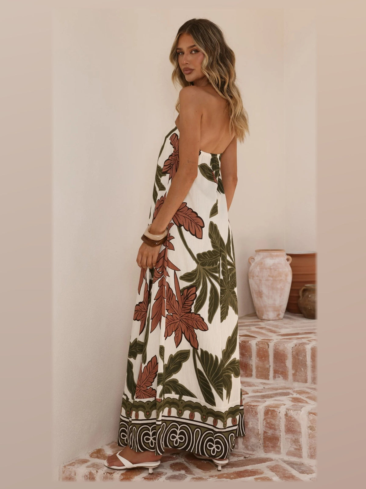Beige maxi formal dress, back full-length view showing the bodice