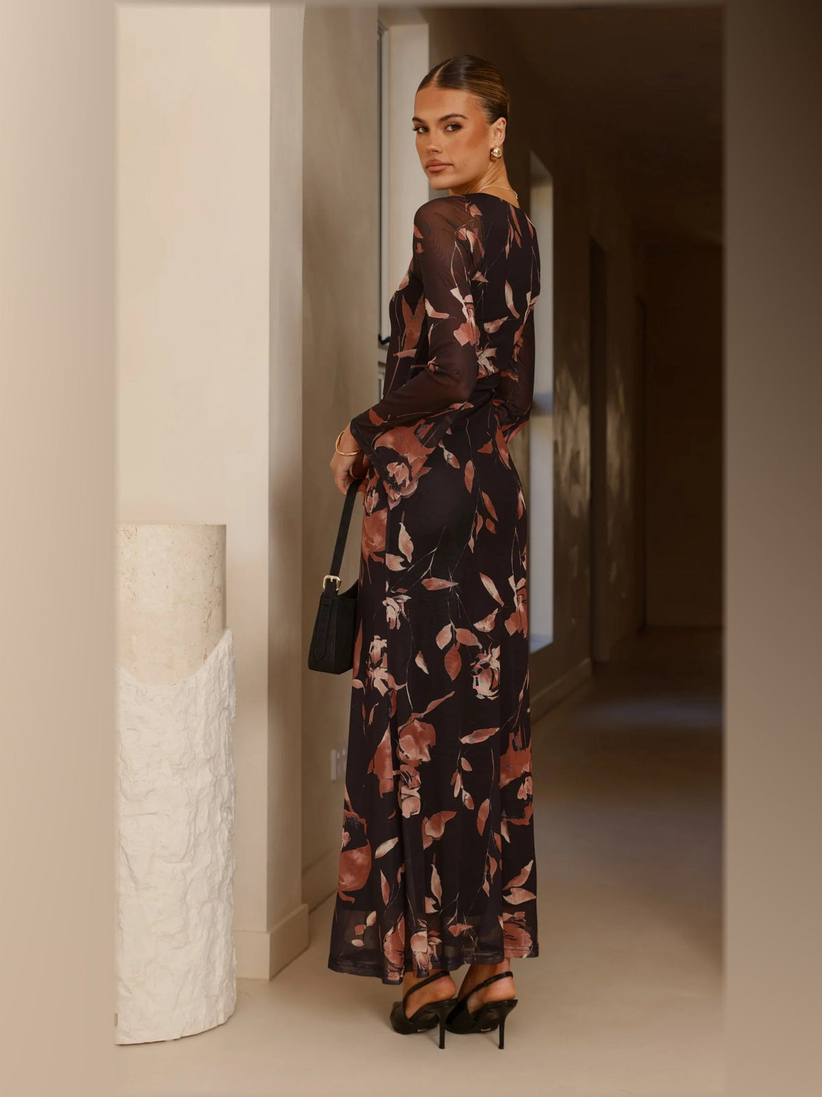 Black Floral Print maxi formal dress, back full-length view showing the bodice