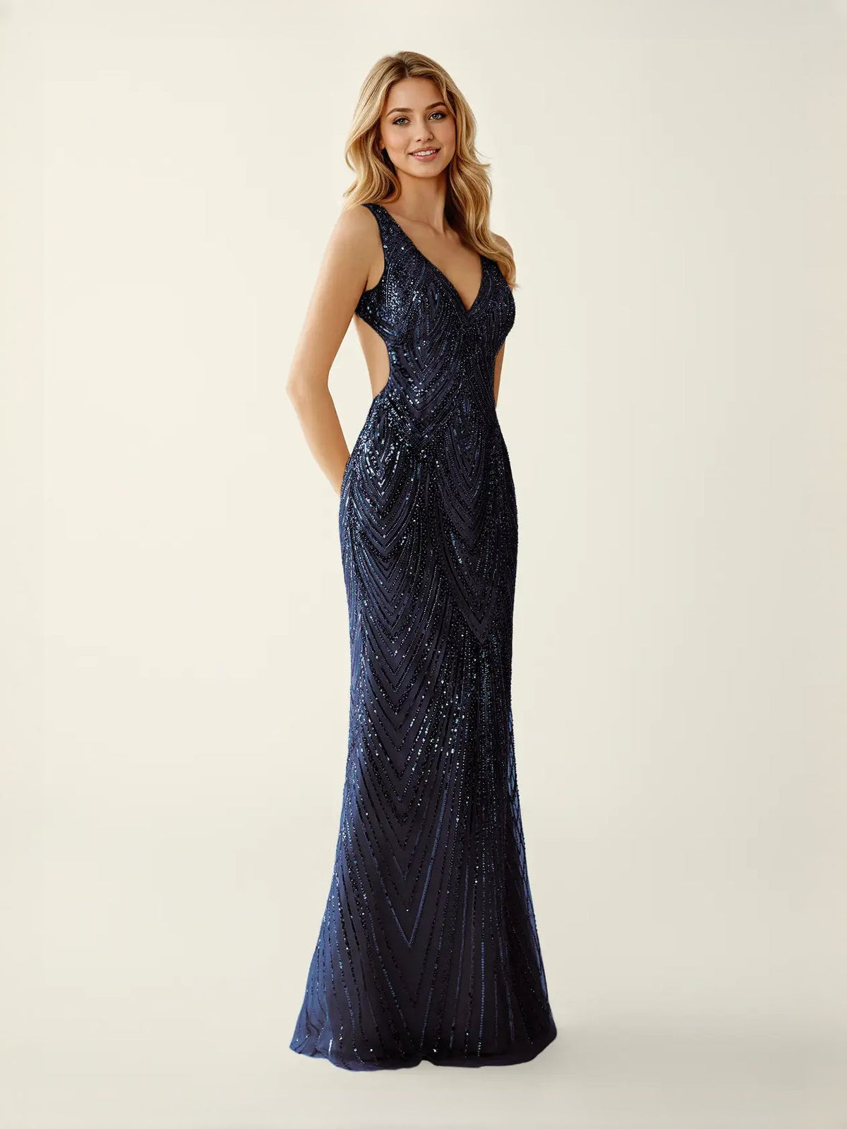 Dark navy sequin mermaid maxi prom dress with V-neck, sleeveless, full view