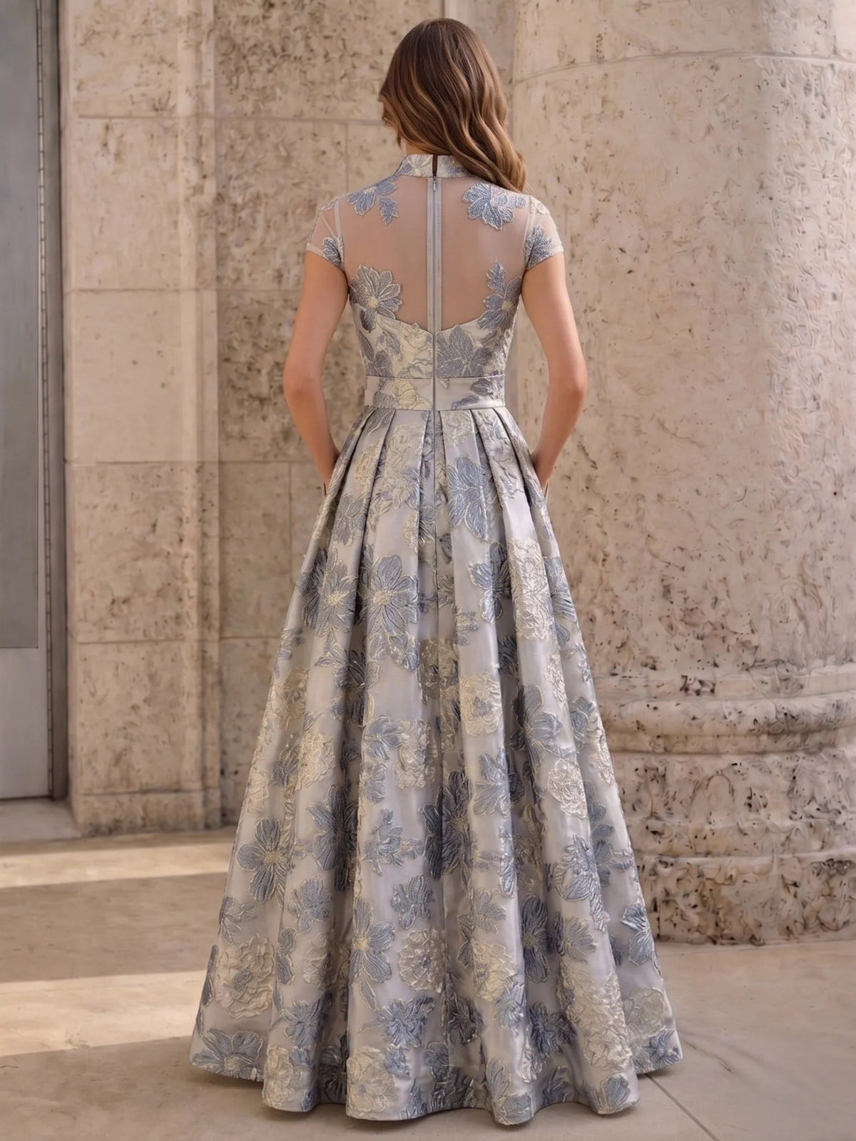 Floral print open-back V-neck formal dress with pleated floor-length skirt, short sleeves