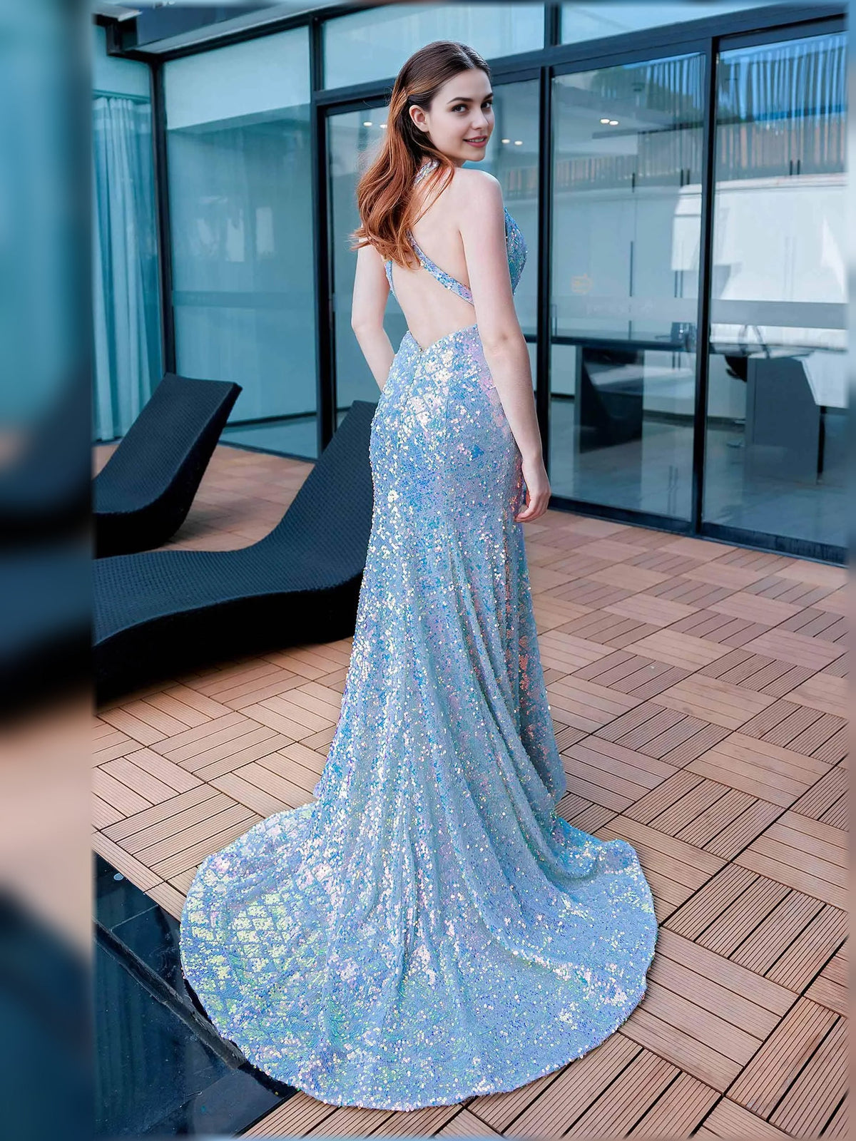 Light blue beaded halter-neck open-back gown with sweeping train
