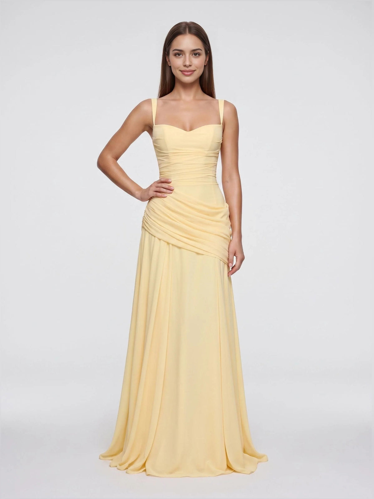 Pale lemon chiffon sweetheart A-line bridesmaid dress, sleeveless ruched bodice