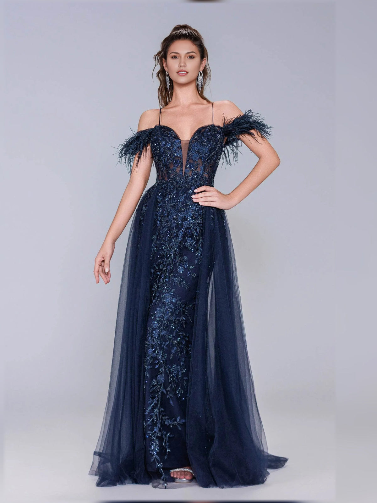 Navy off-shoulder corset formal dress with feather accents and sparkling sequin bodice