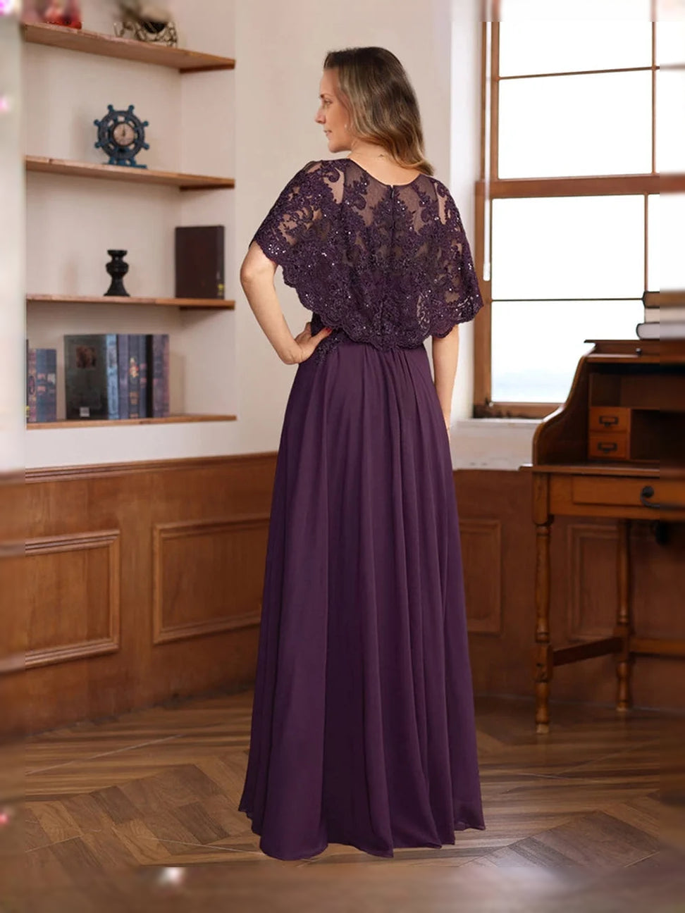 Deep purple chiffon A-line dress with sequined lace cape sleeves, floor length back view