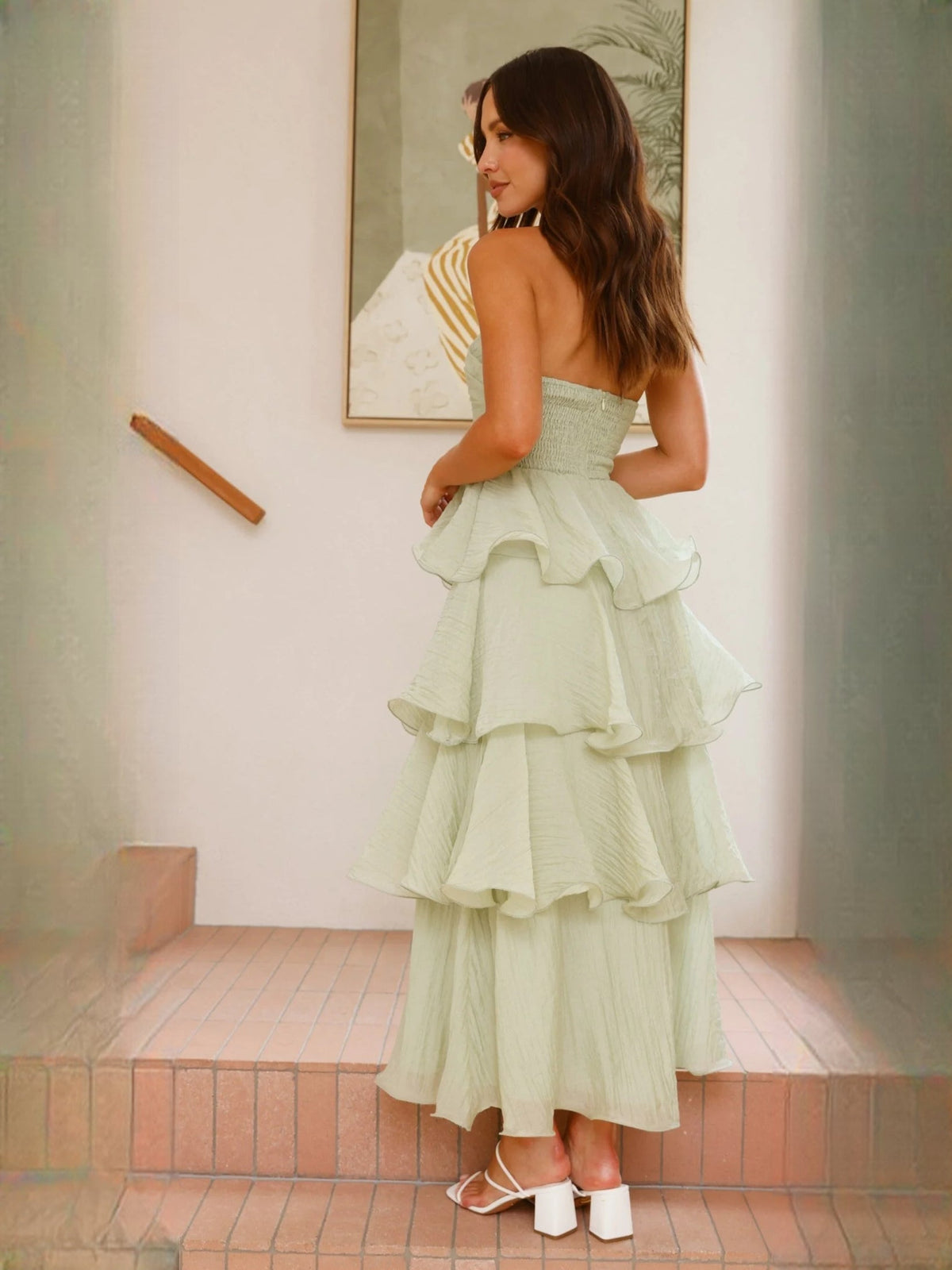 Sage Green a-line maxi formal dress with tiered skirt, full-length back view