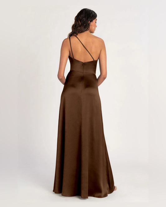 Maxi formal dress back view, spaghetti straps, fitted A-line silhouette with center front slit, brown