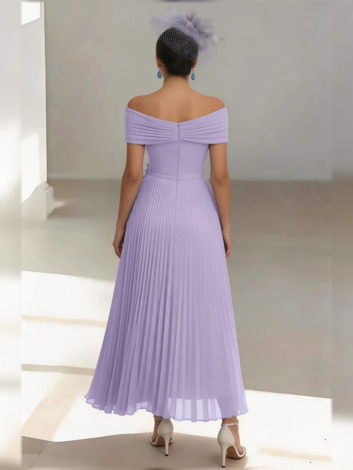 Lilac one-shoulder A-line satin midi dress, pleated skirt and ruched back detail