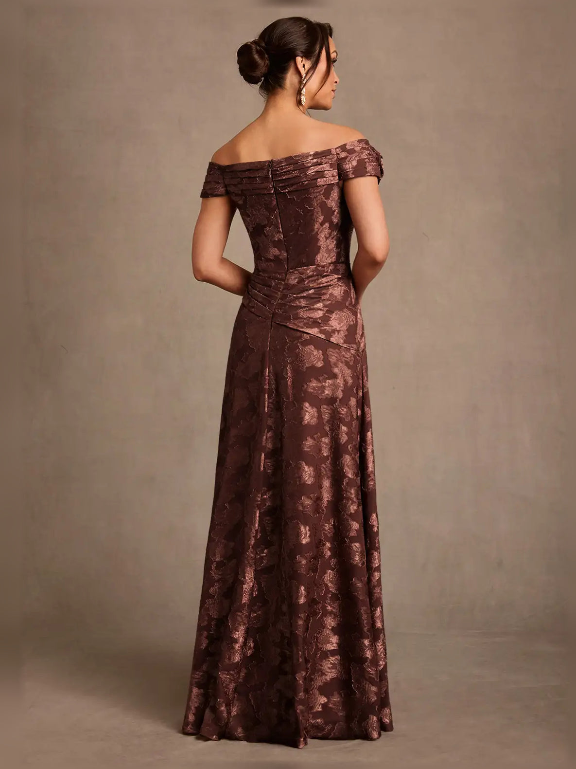 Espresso off-shoulder A-line maxi dress with ruched waist and floral jacquard pattern