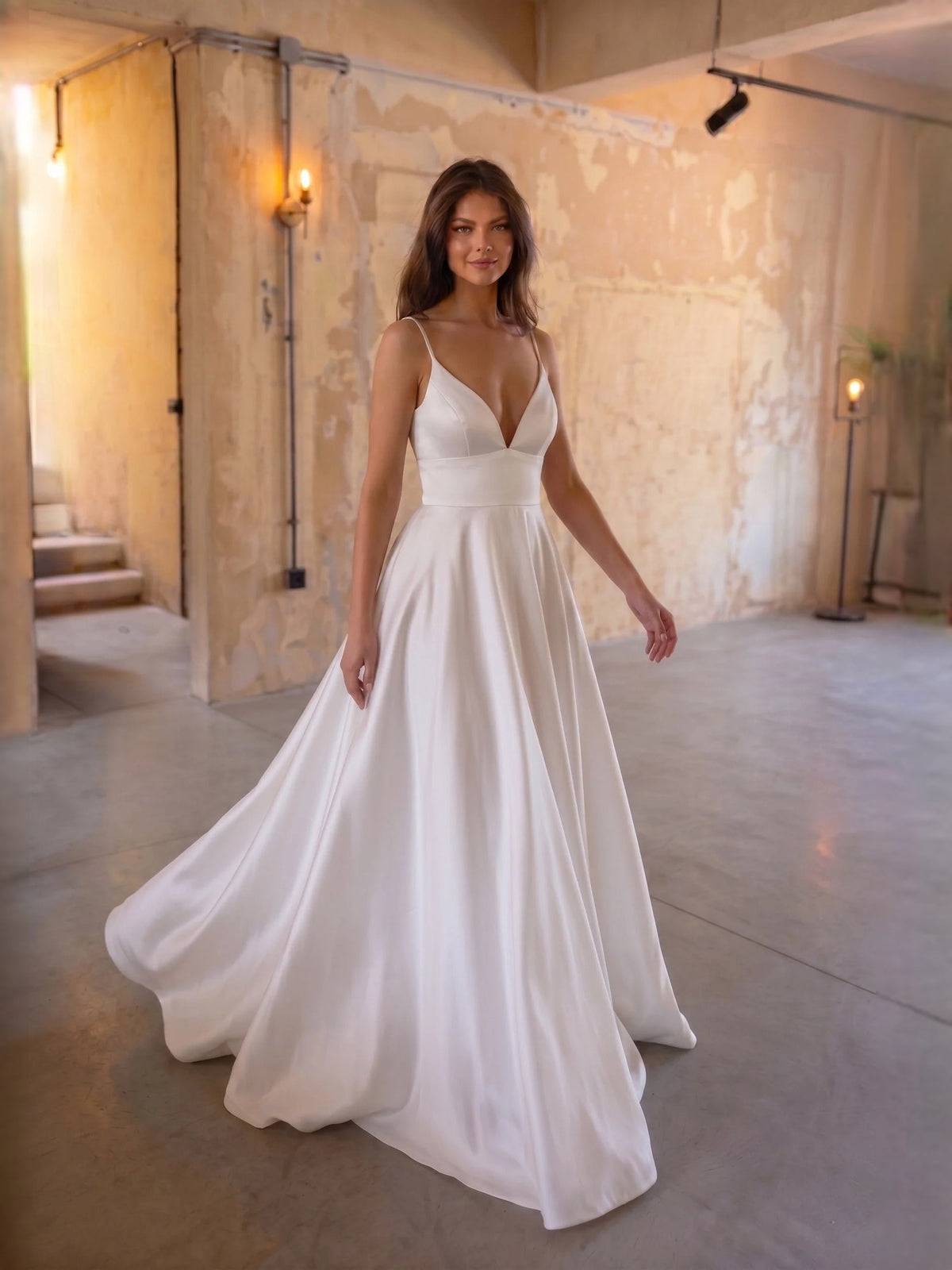 Ivory satin A-line wedding dress, draped V-neck and wide flowing floor-length skirt