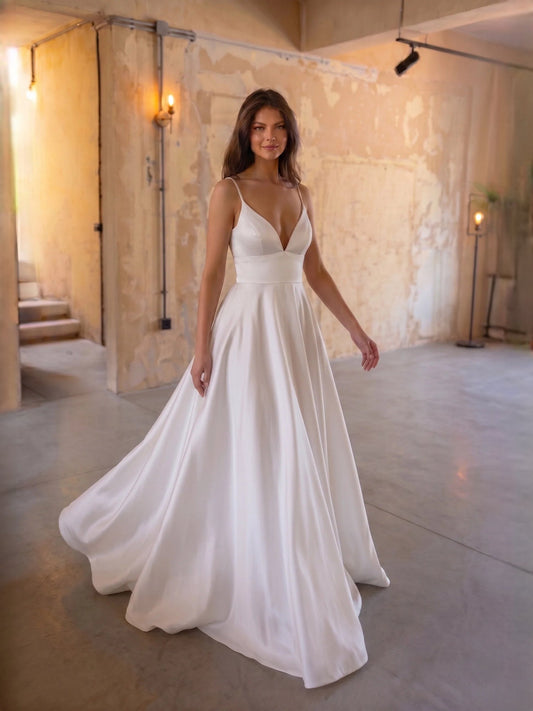 Ivory satin A-line wedding dress, draped V-neck and wide flowing floor-length skirt