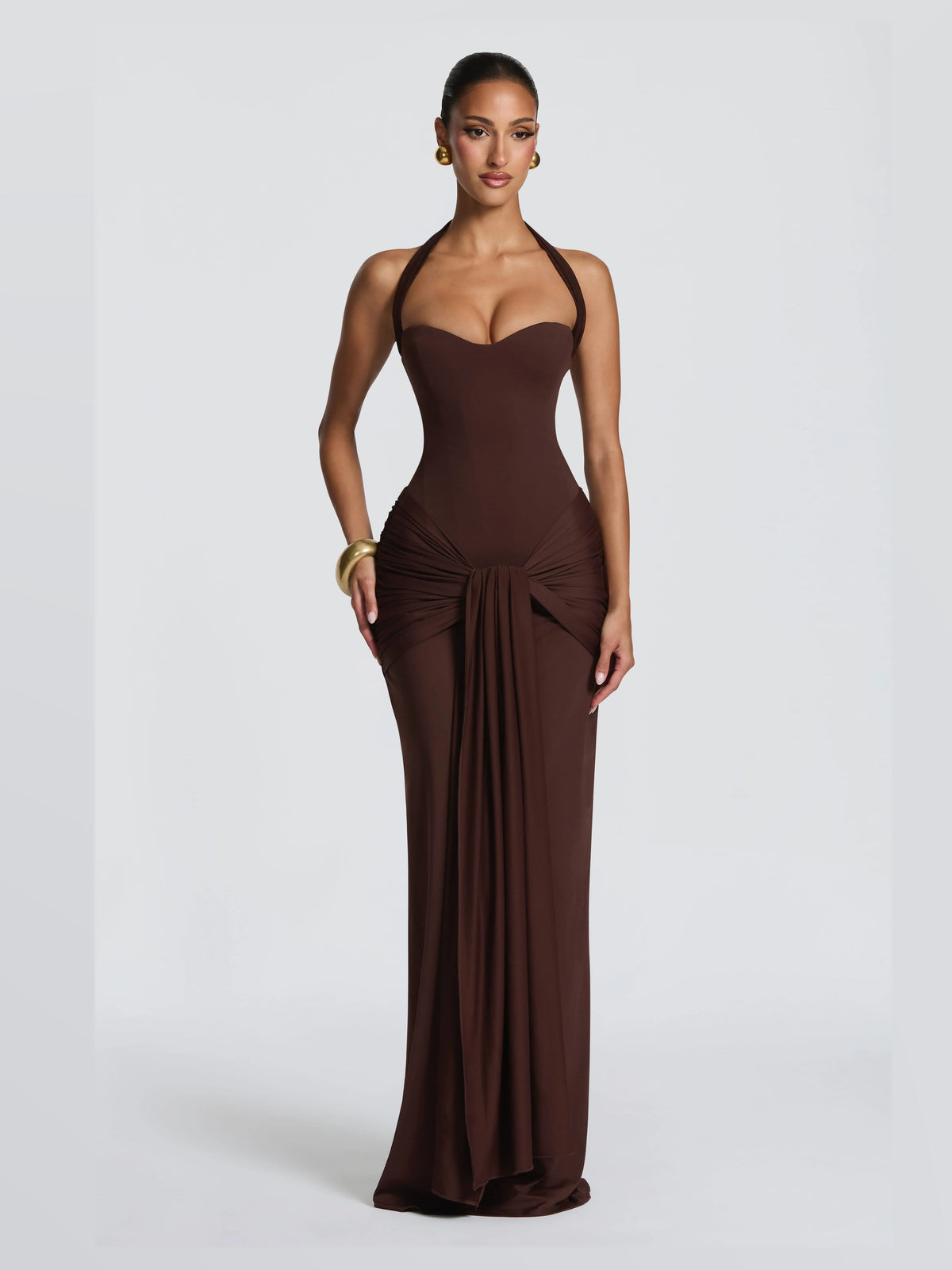 Brown formal dress with a-line silhouette