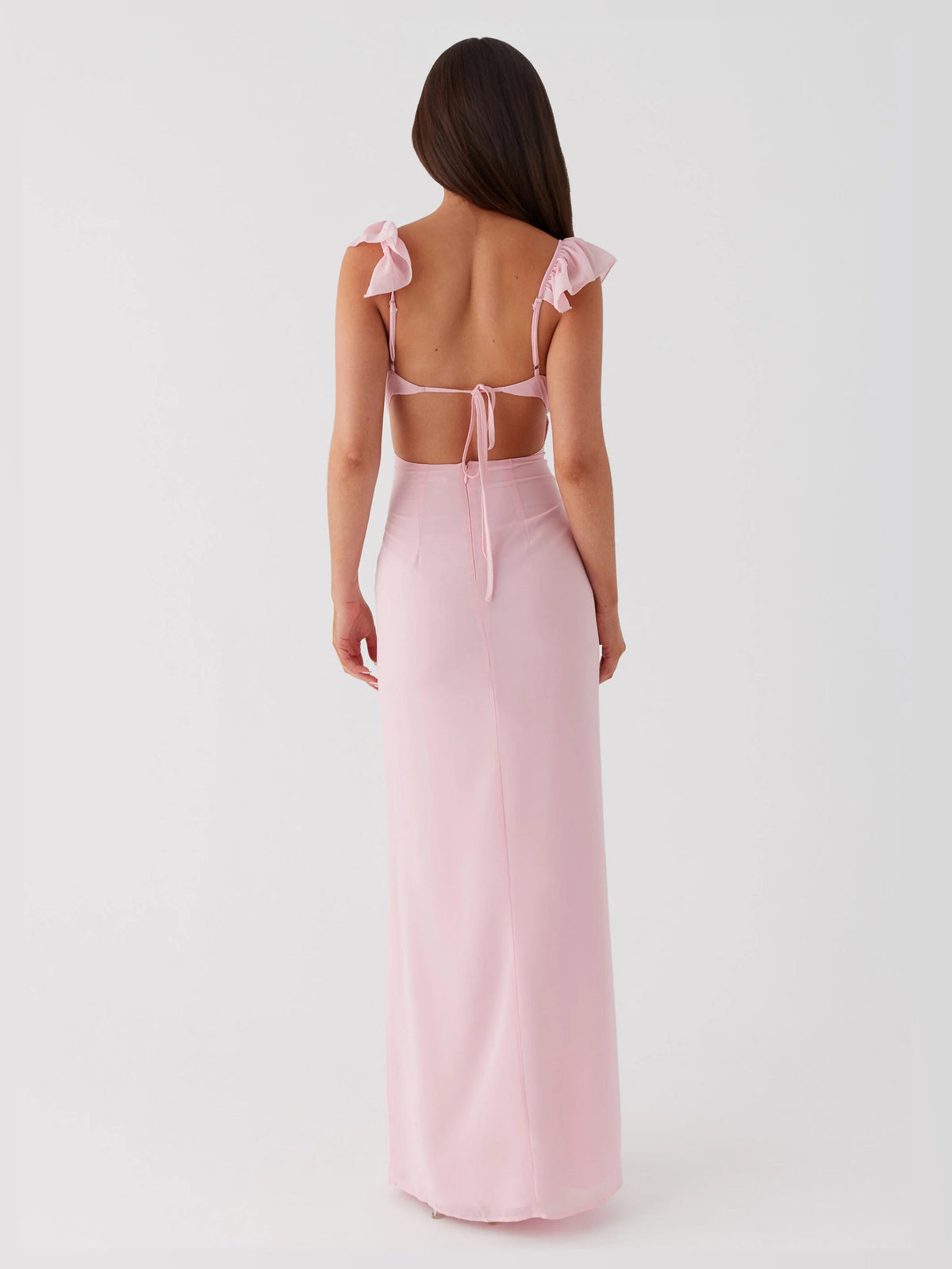 Pink maxi formal dress, back full-length view showing the bodice