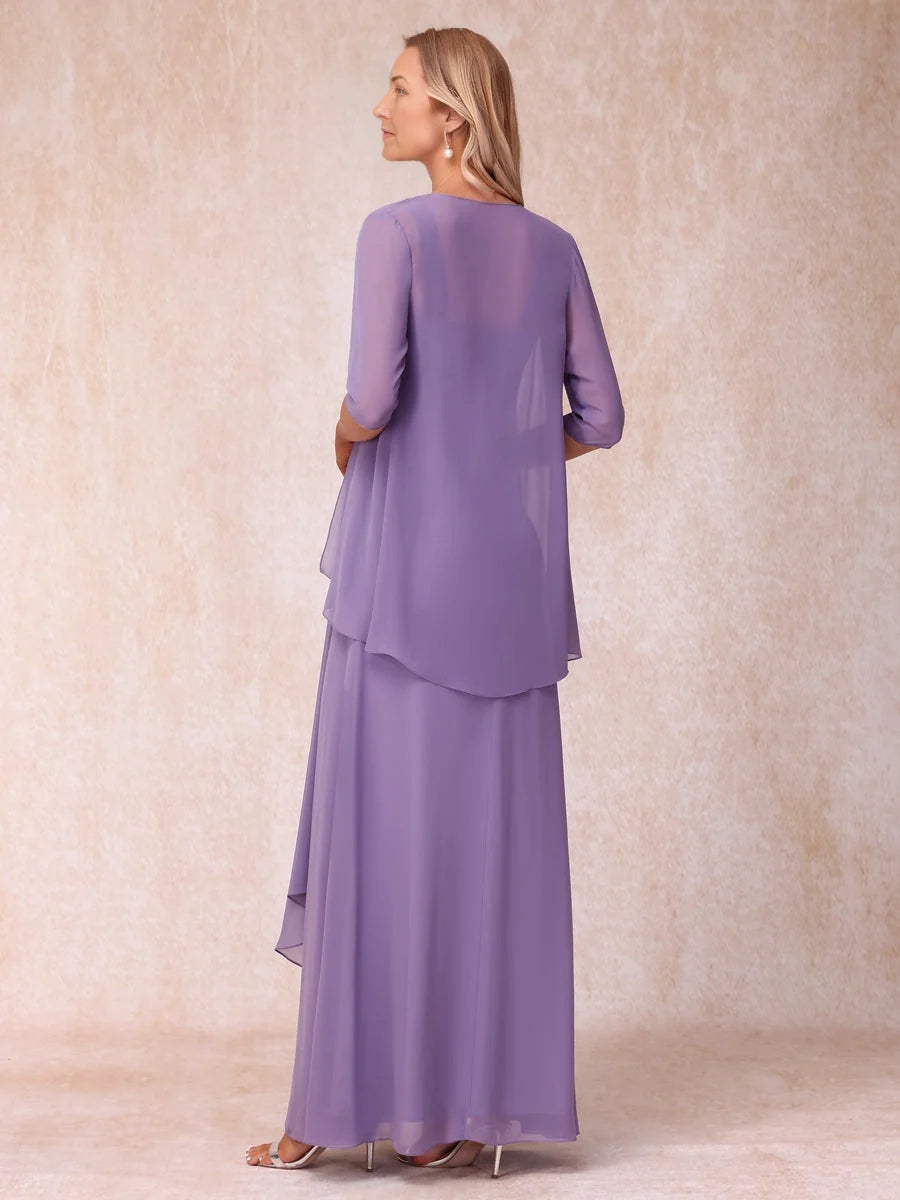 Lavender chiffon A-line dress with square neckline, layered skirt, 3/4 sleeves, back view.