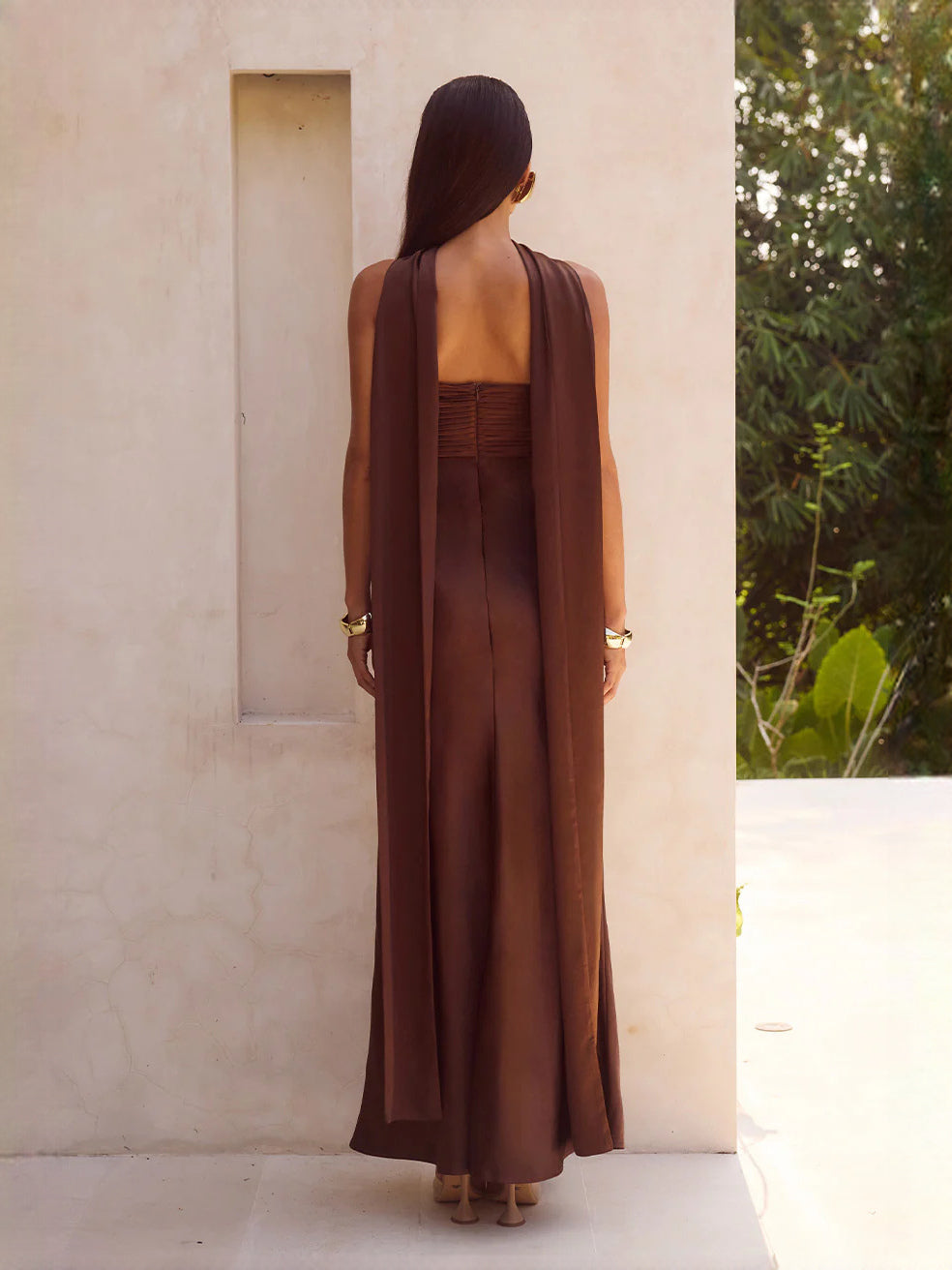 Chocolate mermaid maxi formal dress with mermaid, full-length back view