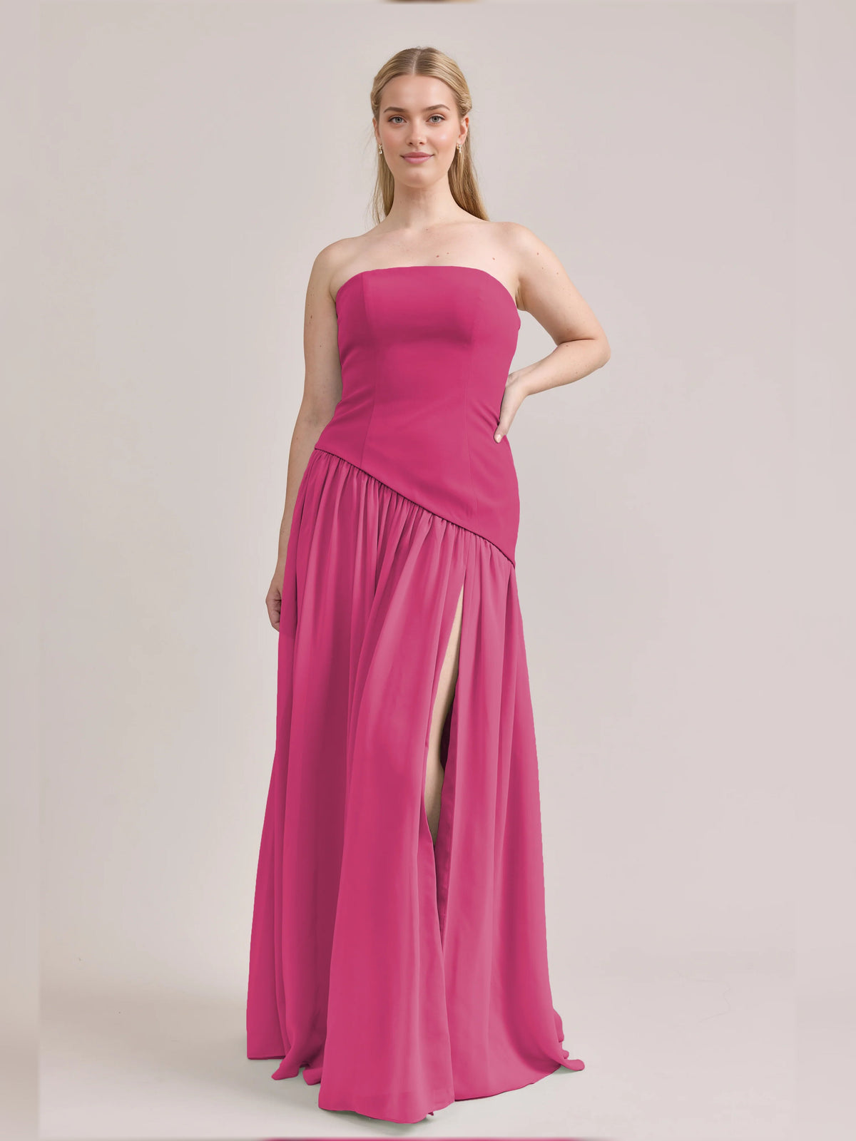 Hot pink strapless A-line maxi chiffon dress with front slit, floor-length